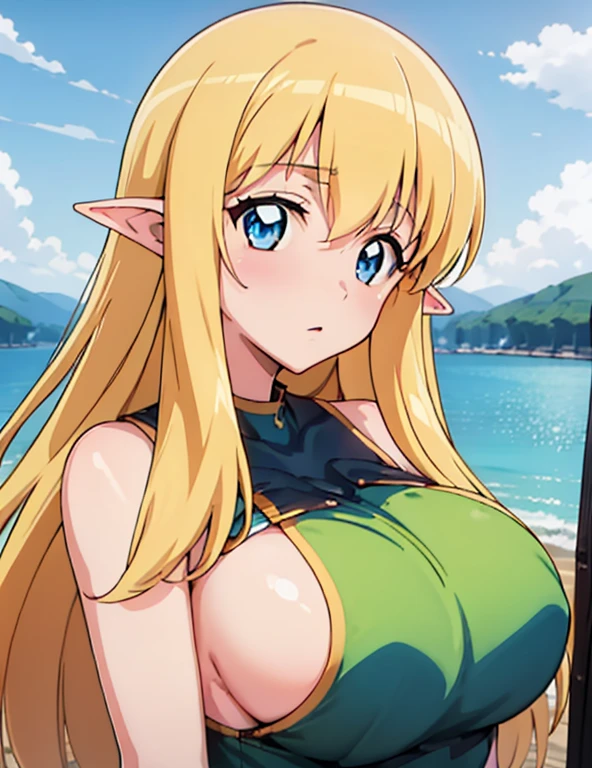 (masterpiece, best quality, high resolution, anime colored, anime screencap, 8k, detailed, photorealistic), tifania, The Familiar of Zero, blue eyes, blush, elf, long hair, large breasts, pointy ears, blonde hair, sideboob, green clothes, no bra, (upper body:1.5), lake, (perfect detailed anatomy, beautiful detailed eyes&hair, perfect detailed face&body, beautiful skin)