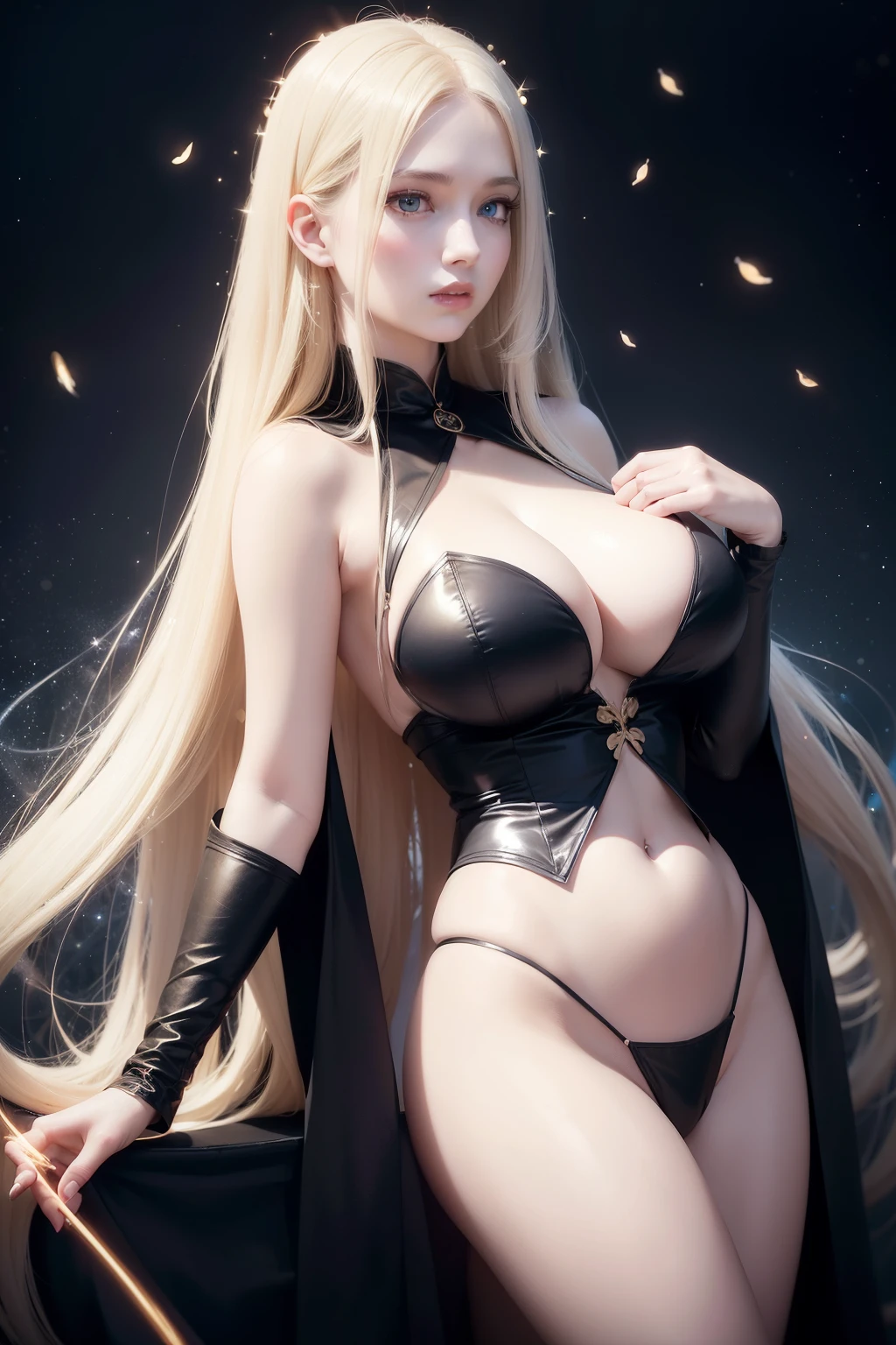 Beautiful sensual woman with round cheeks, realistic facial expression, long flowing blonde hair, light blue eyes, pale skin, wearing black robe with rich decoration, witch, confident expression, big breasts (magic mysterious background, fireflies, glowing particles , ethereal haze, soft dark), high saturation, film light, contour light, best shadows, magic, fire