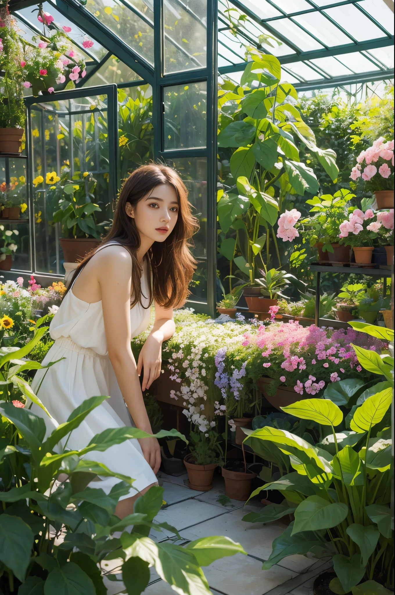 a girl in a greenhouse, detailed plants, beautiful sunlight, vibrant colors, soft shadows, oil painting, highres, realistic, peaceful atmosphere, delicate flowers, lush foliage, fresh air, intricate vines, botanical beauty