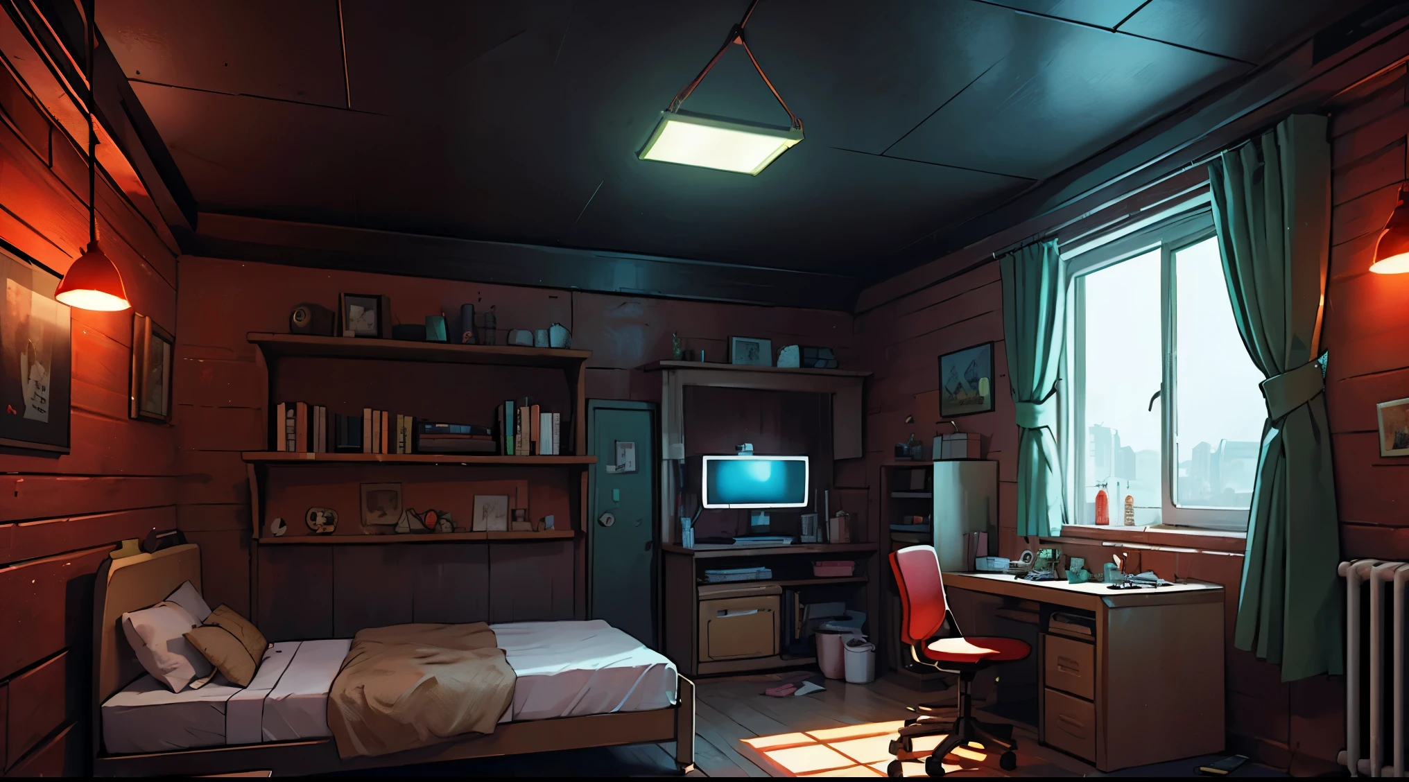 （（la mejor calidad））， （（obra maestra））， 1 chica， Dormitorio de juegos， neon light， LED lighting， ， red room