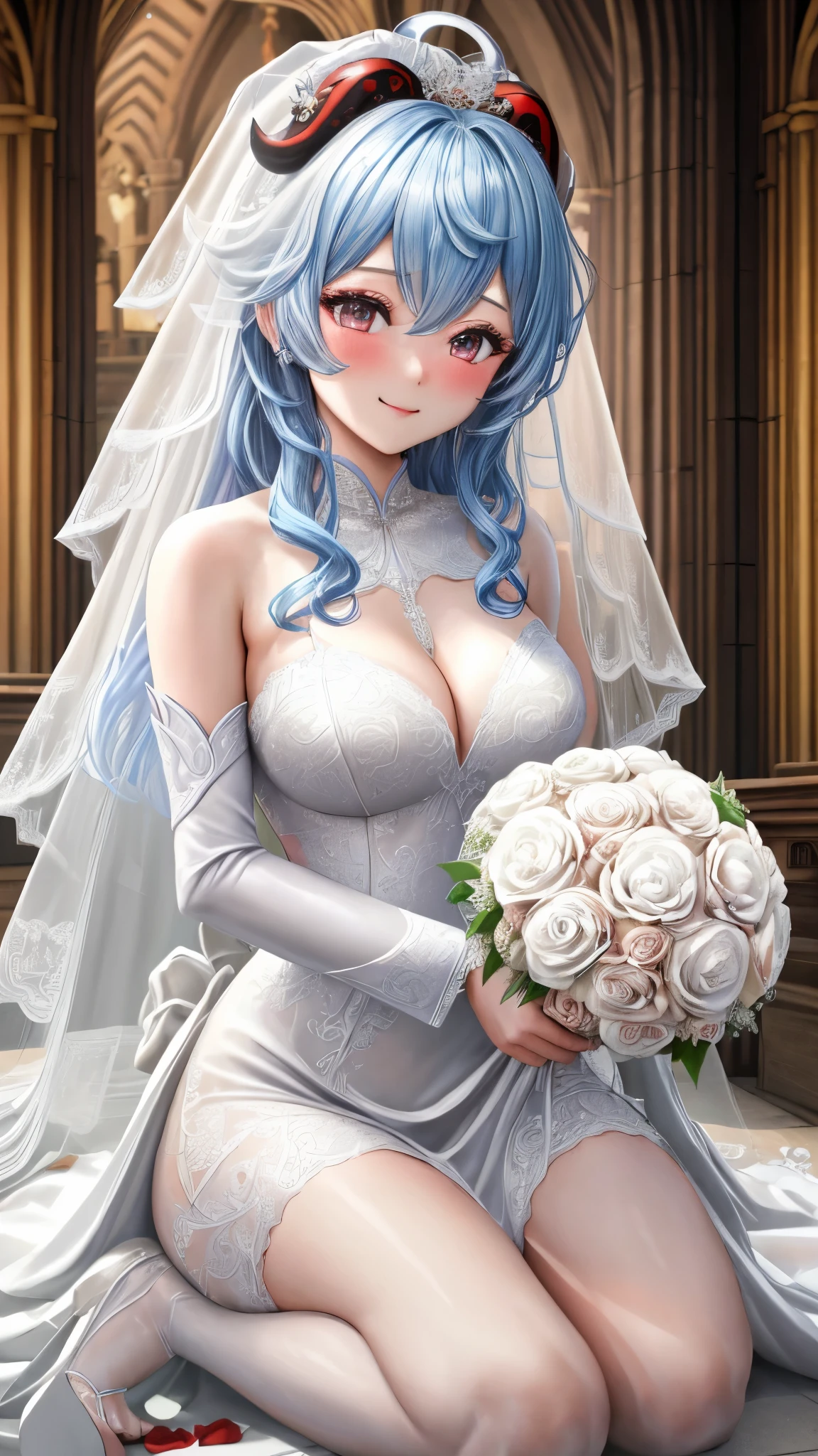 (highest quality,4K,8K,High resolution,masterpiece),2 people,super detailed,, straight, smiling,face focus, (,character_concentrated),beautiful girl,enchantment,fascinating,cheerfulness,Sacred,magic effect,light blue hair,Horn,(((wedding gown))),love eye rider dress,Sophisticated clothing,detailed lace,Bedroom,Lonely,in the middle of the night,lace pantyhose,Sacred縞模様,see-through transparent clothes，(bride, Wedding dress, bouquet,:1.3)church,Ganyu,Genshin,ganyu Genshin