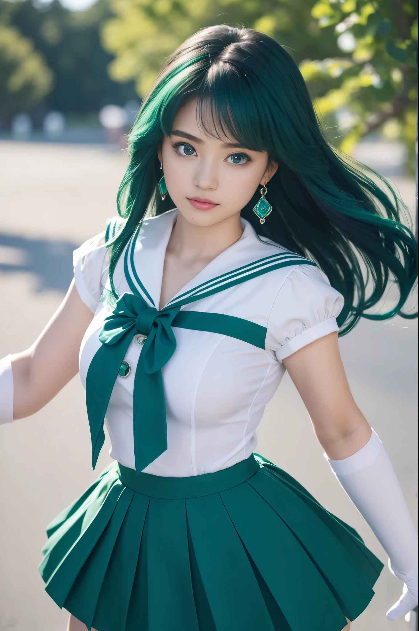 Close-up, 1 girl, Sailor Neptune, aqua eyes, dark green hair, medium hair, (Sailor Senshi Uniform:1.1), skirt, bow, dynamic posture, dynamic background, , highest quality, masterpiece, High resolution, intricate details, ((real)), photograph, earrings, jewelry, white gloves, medium breasted, whole body, white gloves, sailor color