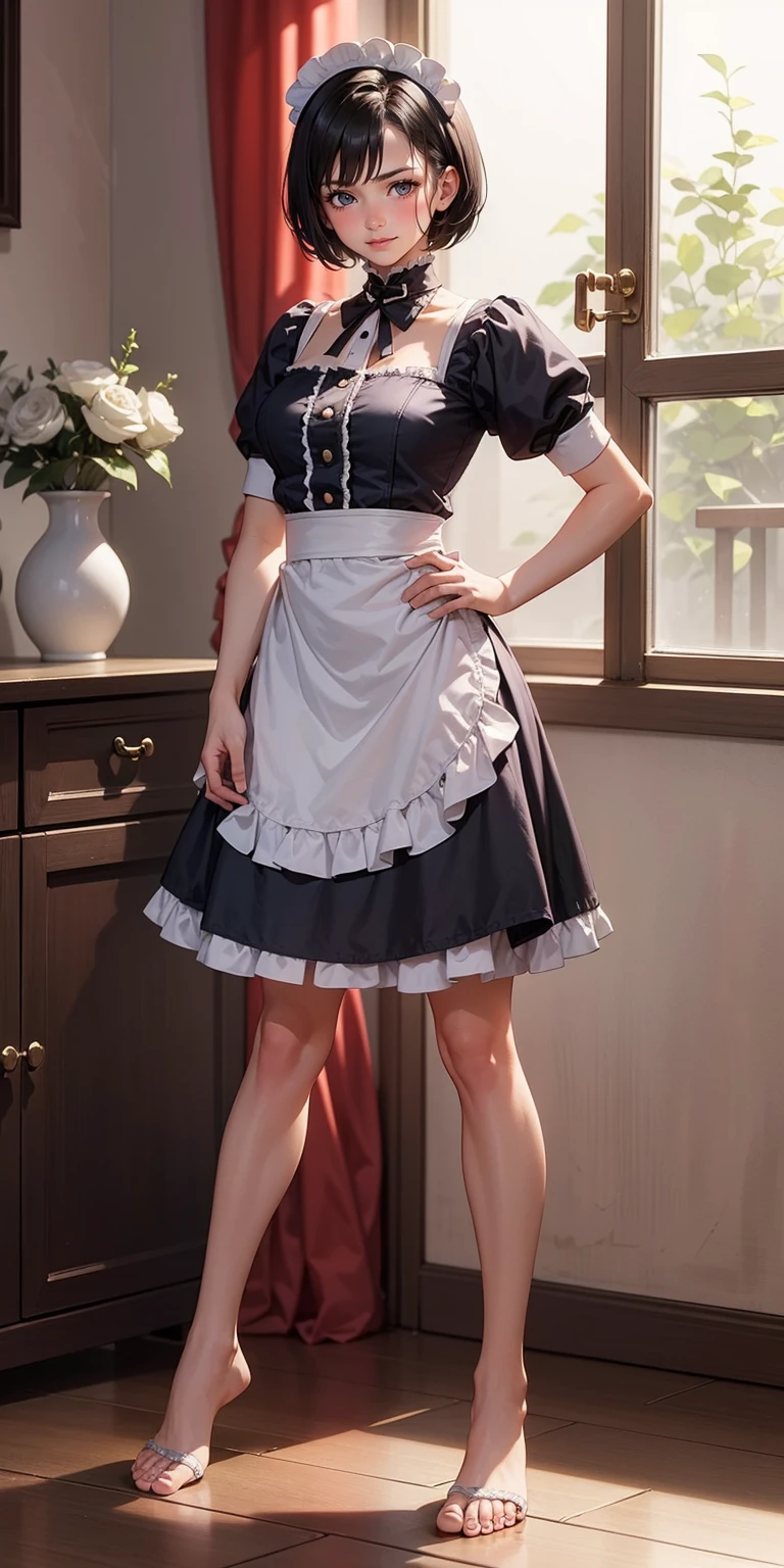 1girl, cute, ((Short black hair girl and long blonde hair girl)), maid victorian, maid apron, straight face, dazed, Body position: Standing, straight, symmetrical, barefoot, Lustful smile on face with red blush,
