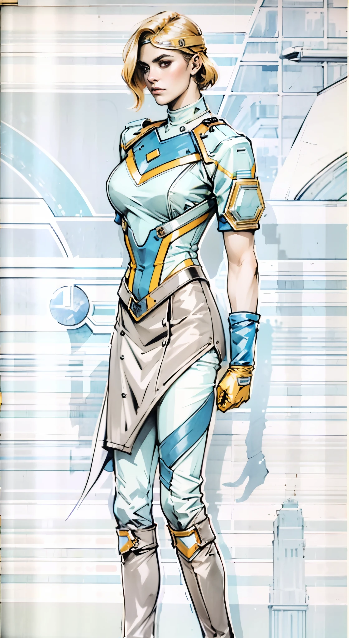 A girl with short light golden hair, a metal headband on her forehead, an icy gaze, a detached expression, a smooth and exquisite facial appearance, a sci-fi military uniform, white as the main color, complemented by blue and yellow accents, short sleeves, gloves, short skirt integrated with the outfit, dark fitted pants, knee-high military boots, standing in a futuristic sci-fi-styled room, Surrounded by AR virtual interfaces, this character embodies a finely crafted a futuristic sci-fi female officer in anime style, exquisite and mature manga art style, high definition, best quality, highres, ultra-detailed, ultra-fine painting, extremely delicate, professional, anatomically correct, symmetrical face, extremely detailed eyes and face, high quality eyes, creativity, RAW photo, UHD, 8k, Natural light, cinematic lighting, masterpiece-anatomy-perfect, masterpiece:1.5