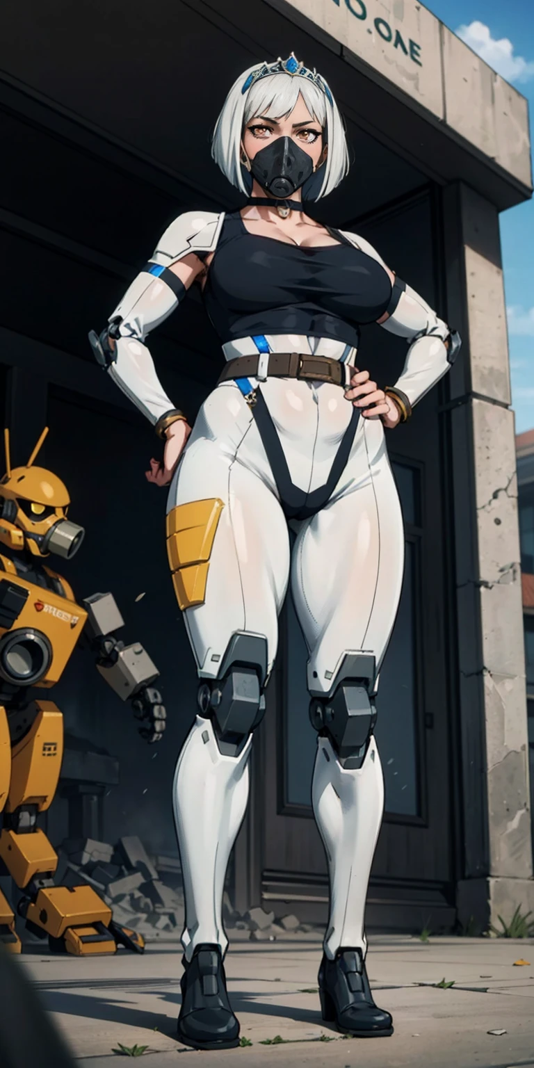 (masterpiece:1.2,high quality), 1girl, ((ultra realistic details)), global illumination, shadows, Unreal Engine, octane render, 8k, ultra sharp, metal, intricate, ornaments detailed, highly intricate details, yellow eyes, (mechanical body:1.2), white hair, (black gas mask), Gear, bob cut, hundreds of wires, Terran, (Robot, android:1.15), Apocalypse, broken buildings, full body, whole body. 1solo (girl). standing, hands on hips full body, whole body. choker, big belt, view from below, feet together, bracers, tiara