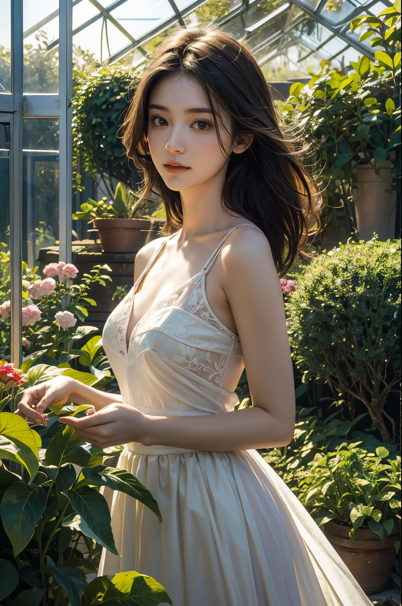 a girl in a greenhouse, detailed plants, beautiful sunlight, vibrant colors, soft shadows, oil painting, highres, realistic, peaceful atmosphere, delicate flowers, lush foliage, fresh air, intricate vines, botanical beauty