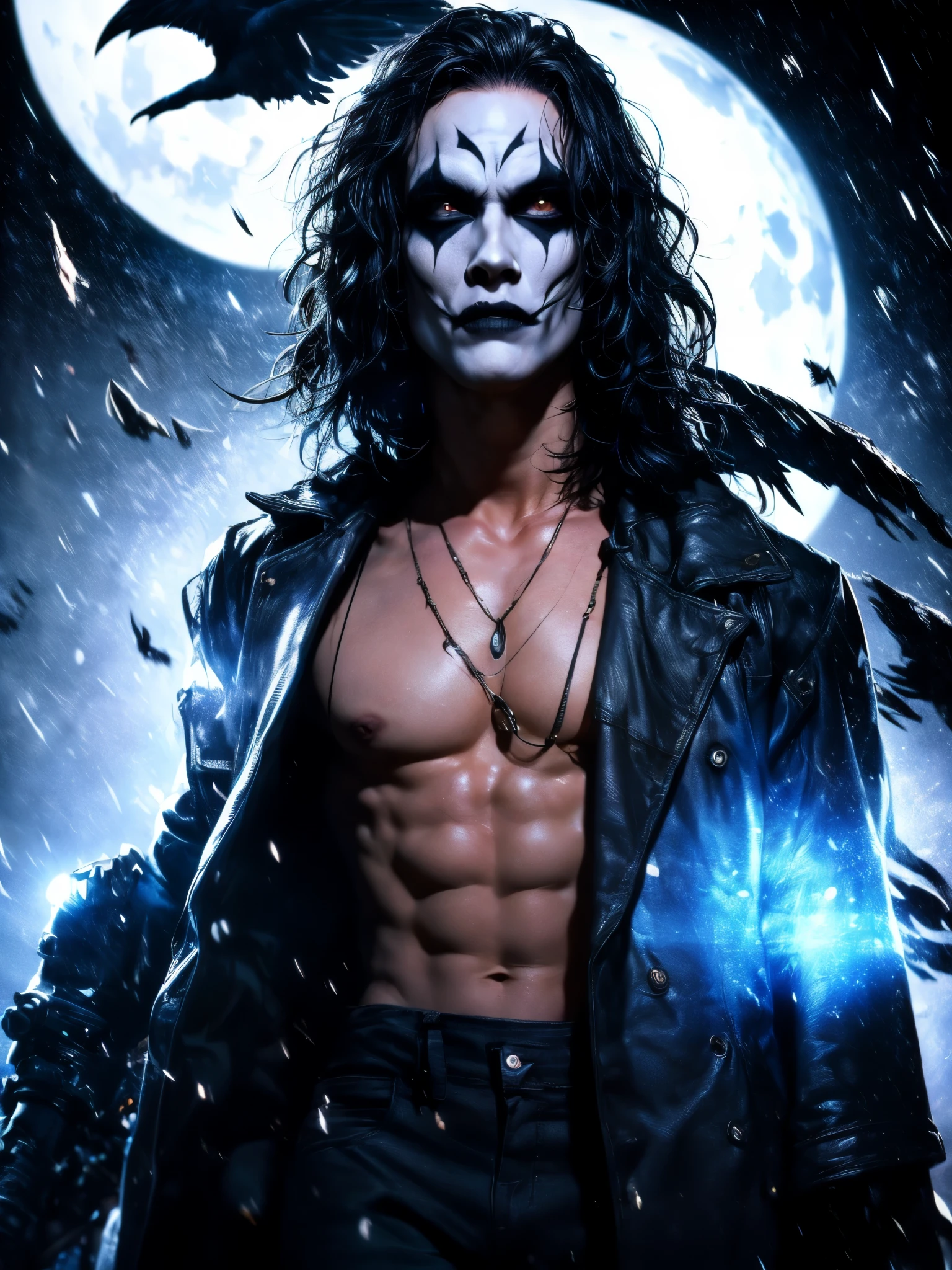T-shirt Design, ((black background)). "The Crow". The character is in the middle of a dark street, with a bright green light shining on him. (( The Crow V.IT Face, White face with black makeup )), The background is black with smoke. Wearing a The Crow Costume. The character is wearing a black overcoat, jeans. He has long black hair and wears black makeup, makeup with just one line on each eye. DETAILED FACE, intricaten. Realism: The generated art should be realistic and highly detailed. Lighting: The lighting should be cinematic, with a bright drak blue light shining on the character. Background: The background should be black with Full moon and ravens. Cinematic lighting.