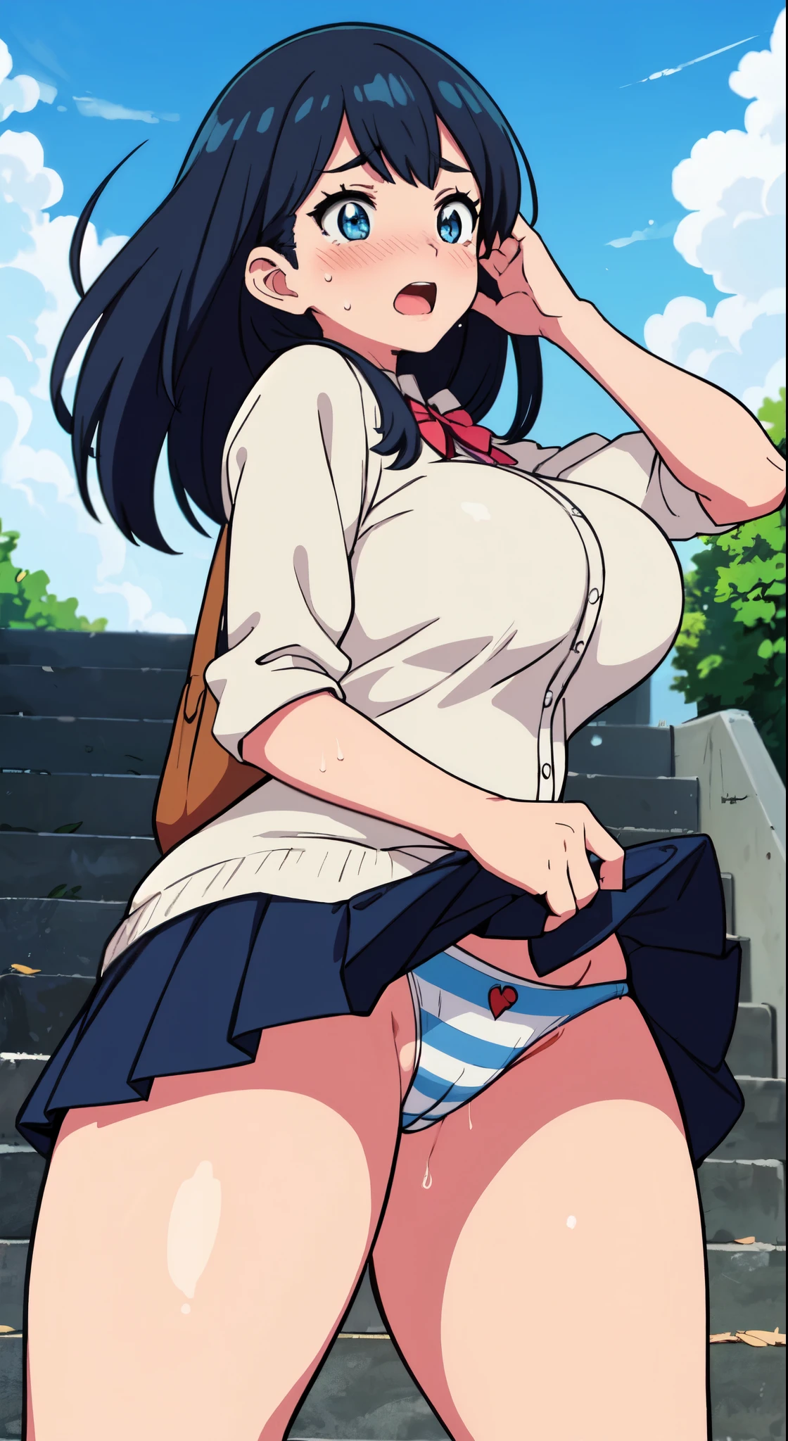 (perfect body),highest quality,16k、Masseter muscle part、((NSFW))、(((blush)))、((((embarrassing))))、:o、((((surprised))))、Are crying、Treefe○lumes、parted bangs、(blue eyes),((dark blue hair)),(Sweat)、(big ass)、huge breasts、((thick thighs))、school uniform、white shirt、(navy blue mini skirt)、(Blue Striped Panties)、Skirts twisted by the wind、(Stairs in the city)、Panchira、from below
