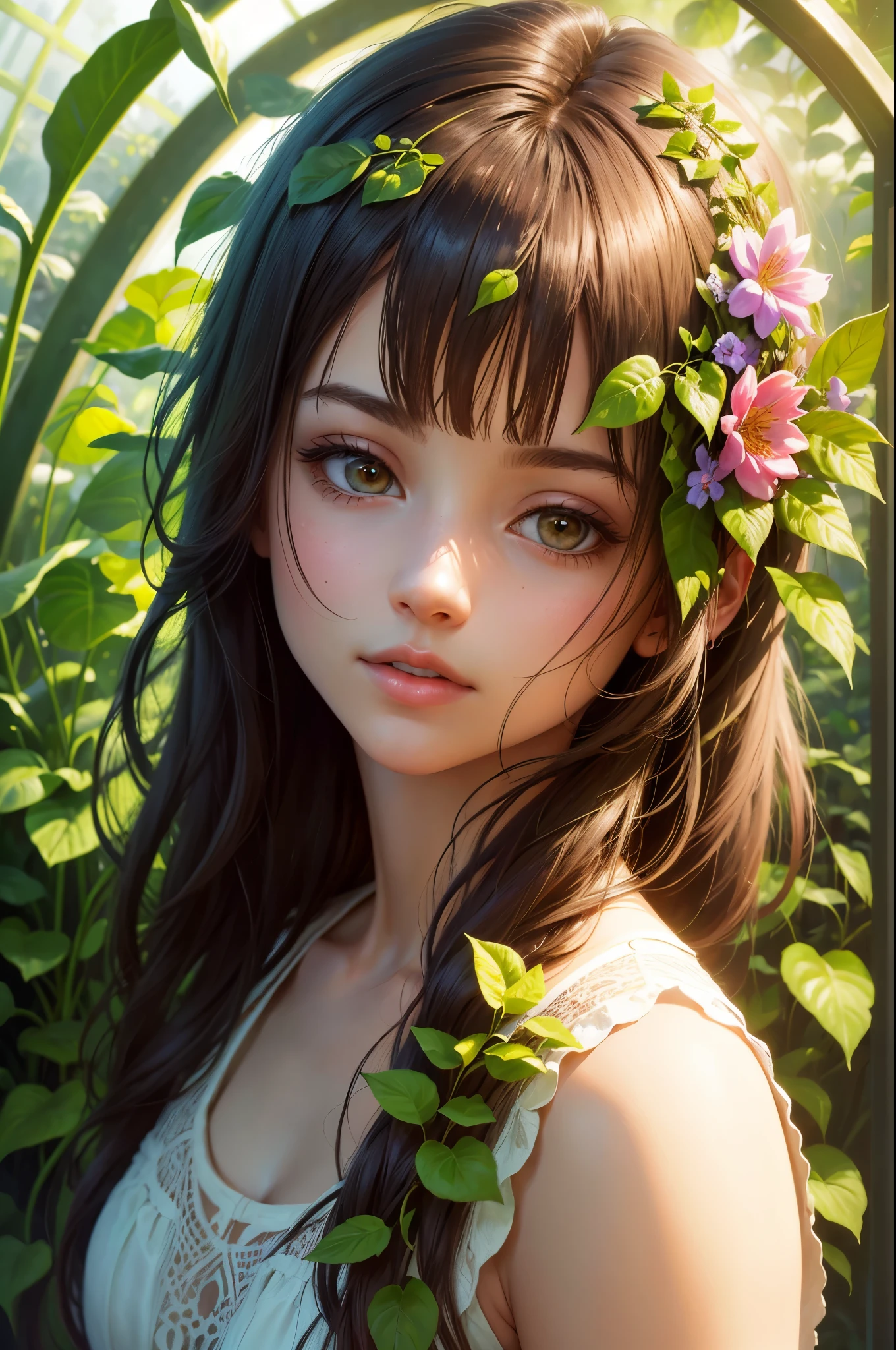 A beautiful girl with a serene expression, long flowing hair, delicate facial features, rosy cheeks, detailed eyes and lips, standing in a lush garden with vibrant flowers, sunlight filtering through the trees, (best quality,4k,8k,highres,masterpiece:1.2),ultra-detailed,(realistic,photorealistic,photo-realistic:1.37),intricate details,warm color tones,natural lighting,cinematic,detailed foliage,stunning landscape