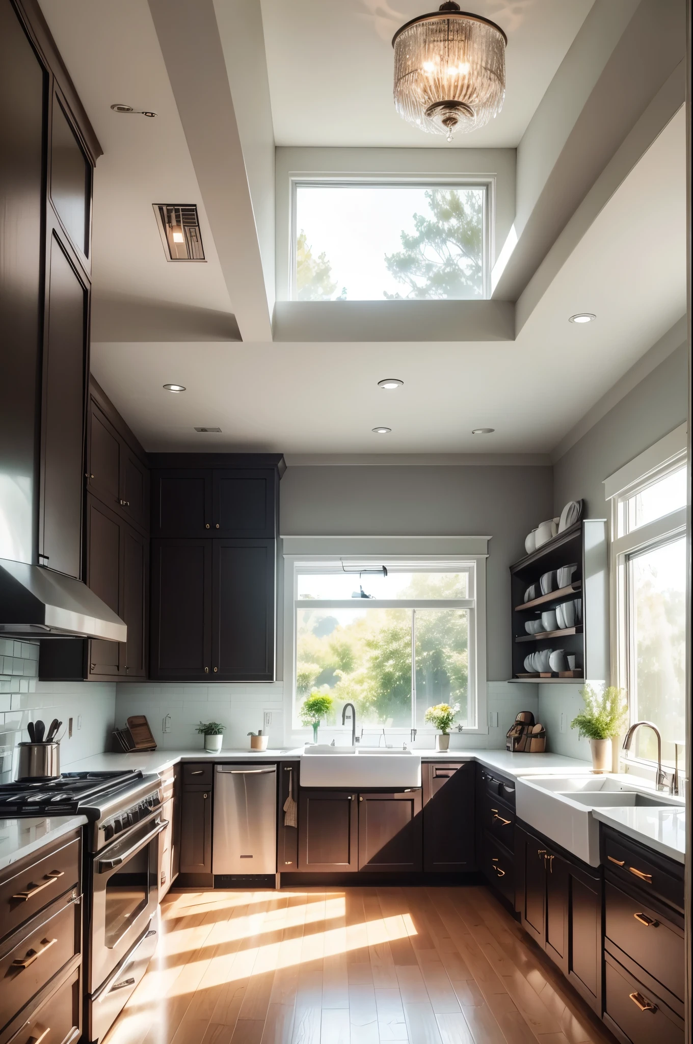 (an ultra-realistic,highres,4k,hdr) modern kitchen, sleek marble countertops, stainless steel appliances, a large island with bar stools, pendant lights over the island, floor-to-ceiling windows with a view of a lush garden, a professional-grade oven and cooktop, a built-in espresso machine, a wine refrigerator, an oversized refrigerator with glass doors, a farmhouse sink, white subway tile backsplash, fresh herbs and spices on a floating shelf, a hanging pot rack with copper pots and pans, a glass dining table with modern chairs, a bowl of vibrant fruits as a centerpiece, a modern artwork on the wall, floor-to-ceiling cabinets with frosted glass doors, a sleek range hood, a glass pendant chandelier, minimalist decor, natural wood accents, a coffee nook with a coffee grinder and French press, a cozy reading corner with a comfortable armchair and a floor lamp, abundant natural light, a clean and organized space, a touch of greenery with potted plants.