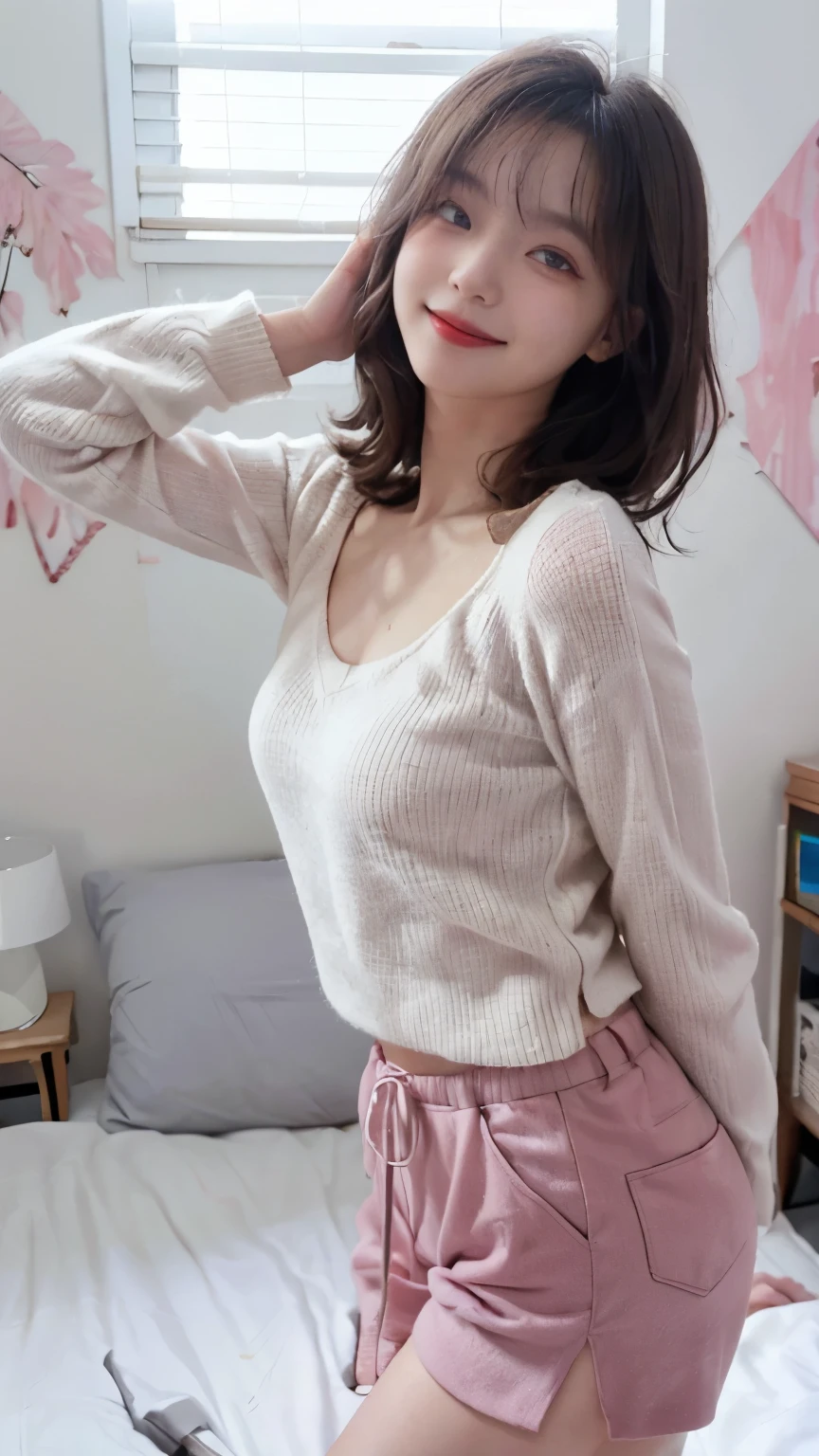 Highest image quality、Live shooting、ultra high resolution、21 year old Korean、small 、dynamic angle、cowboy shot、the most beautiful form chaos、elegant、brutalist design、vivid colors、beautiful white hair、short bob、smile、smile、shiny white skin、Beautiful eyes with random colors、Beautiful eyes in every detail、elongated eyes、thin lips、pale pink blush、long eyelashes、beautiful double eyelids、eye shadow、bright room、fluffy sweater、hot pants、shot from the side、sexy po