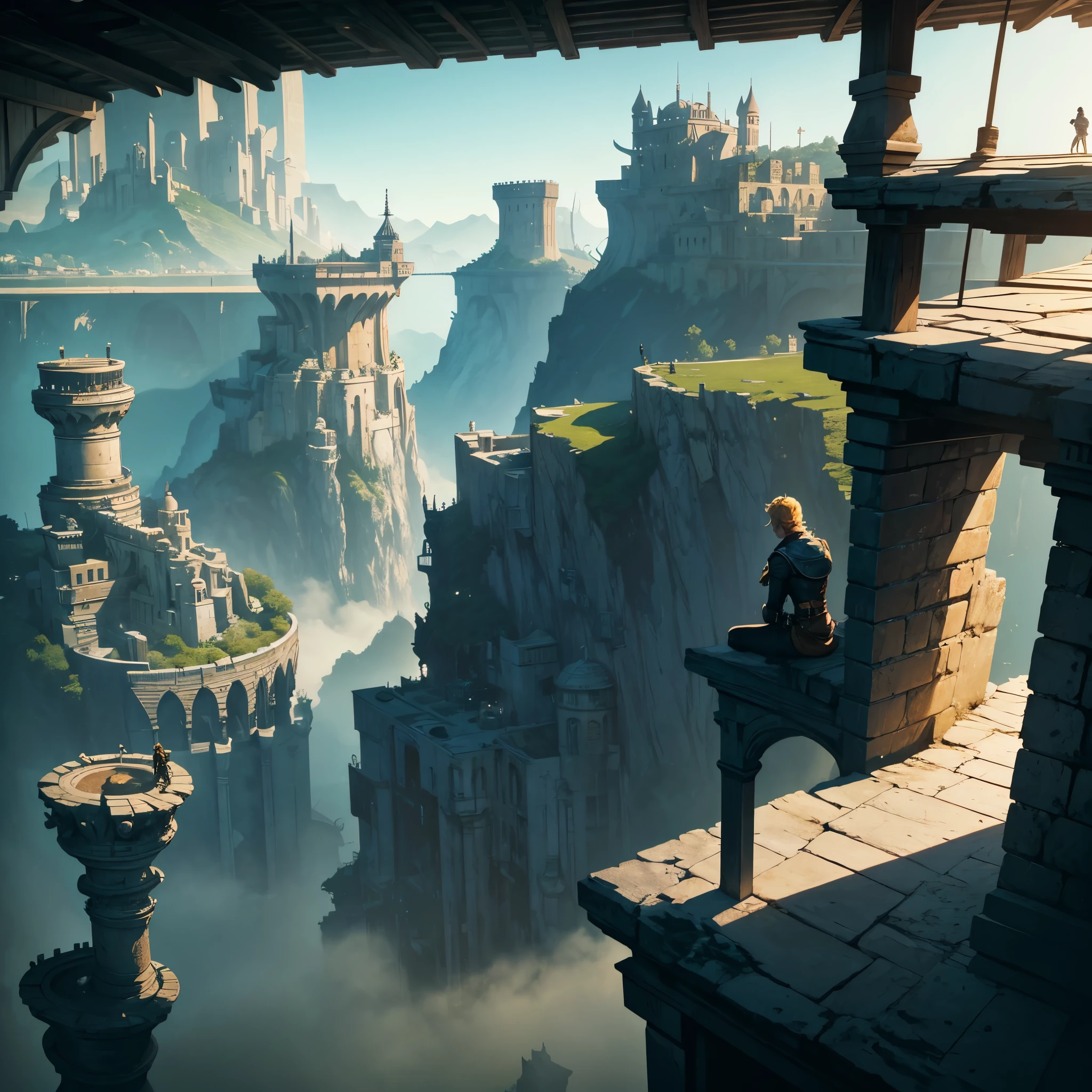 View from above, view from the back, one svelte beautiful blonde fourteen years old teenage girl, wearing light leather clothes, one strong blond young eighteen years old adult man warrior, laughing, sitting side by side on the edge of a huge fortress, on top a epic city fortress in the mountains, very arid environment, dry, hot atmosphere, medieval fantasy setting, brutalist architecture, epic scale, large shot, looking down, deep dive view, dragon flying over the valley, masterpiece, high quality