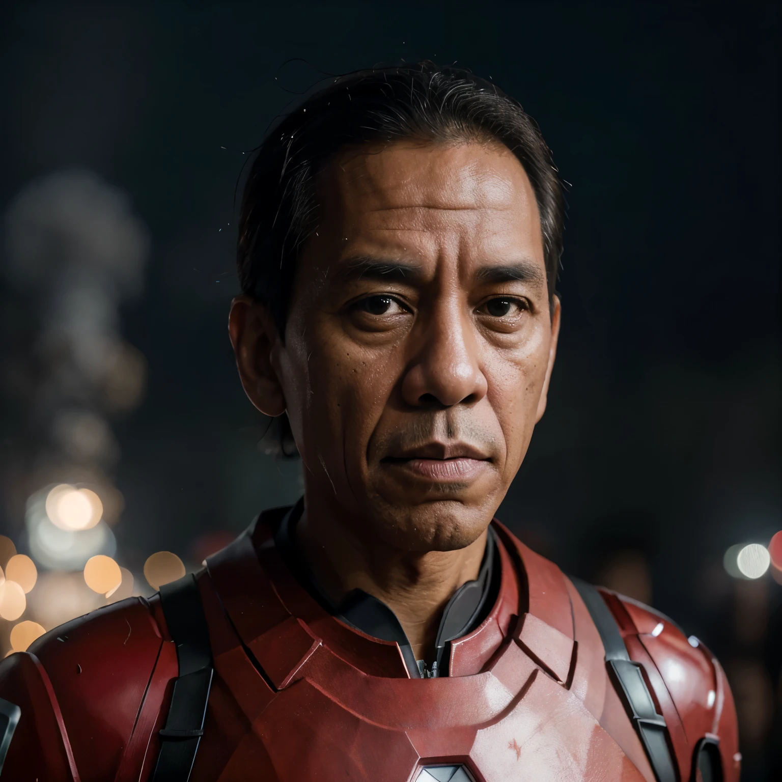 4k, Best quality, masterpiece, ultra high res, beautiful lighting, (realistic, photo-realistic:1.4), realistic background, jokowi, 1man, 50 years old, serious, ironman open mask, standing potrait photo, Long shot, wide shot, full shot