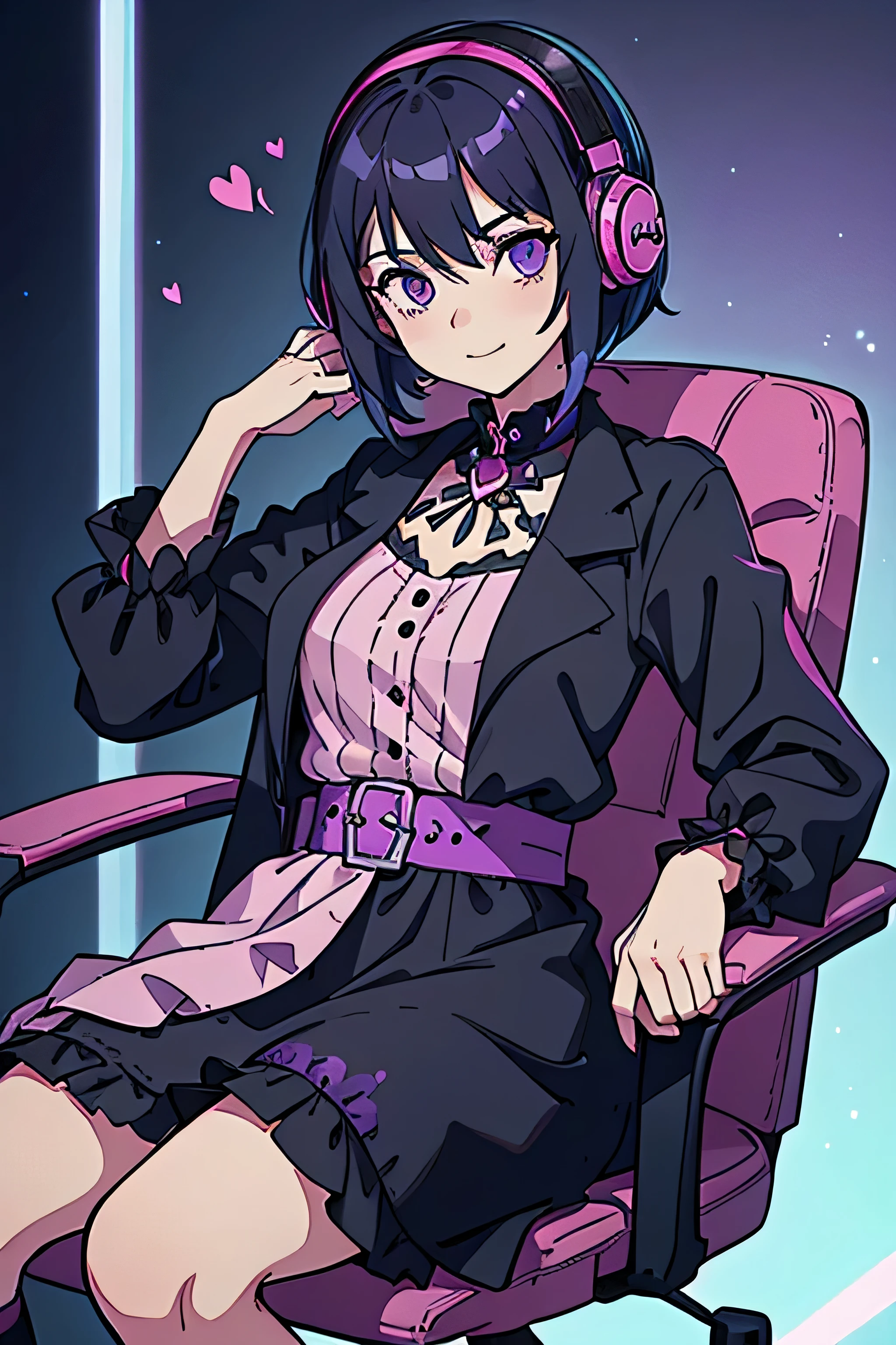 woman sitting on a gaming chair wearing a pink dress, using headphones, playing in PC ,wearing a gothic dress, black and pink dress, 20s goth girl, witch clothes, goth outfit, in a dress, goth girl, mall goth, wearing pink floral chiton, wearing a pink dress, wearing modern gothic clothes, pink and black, outfit photo, short hair, black hair with blue tips, hair with blue tips, nose piercing, (( NO BACKGROUND )), (( purple light )), happy expression, heart pupils, left angle, waist up