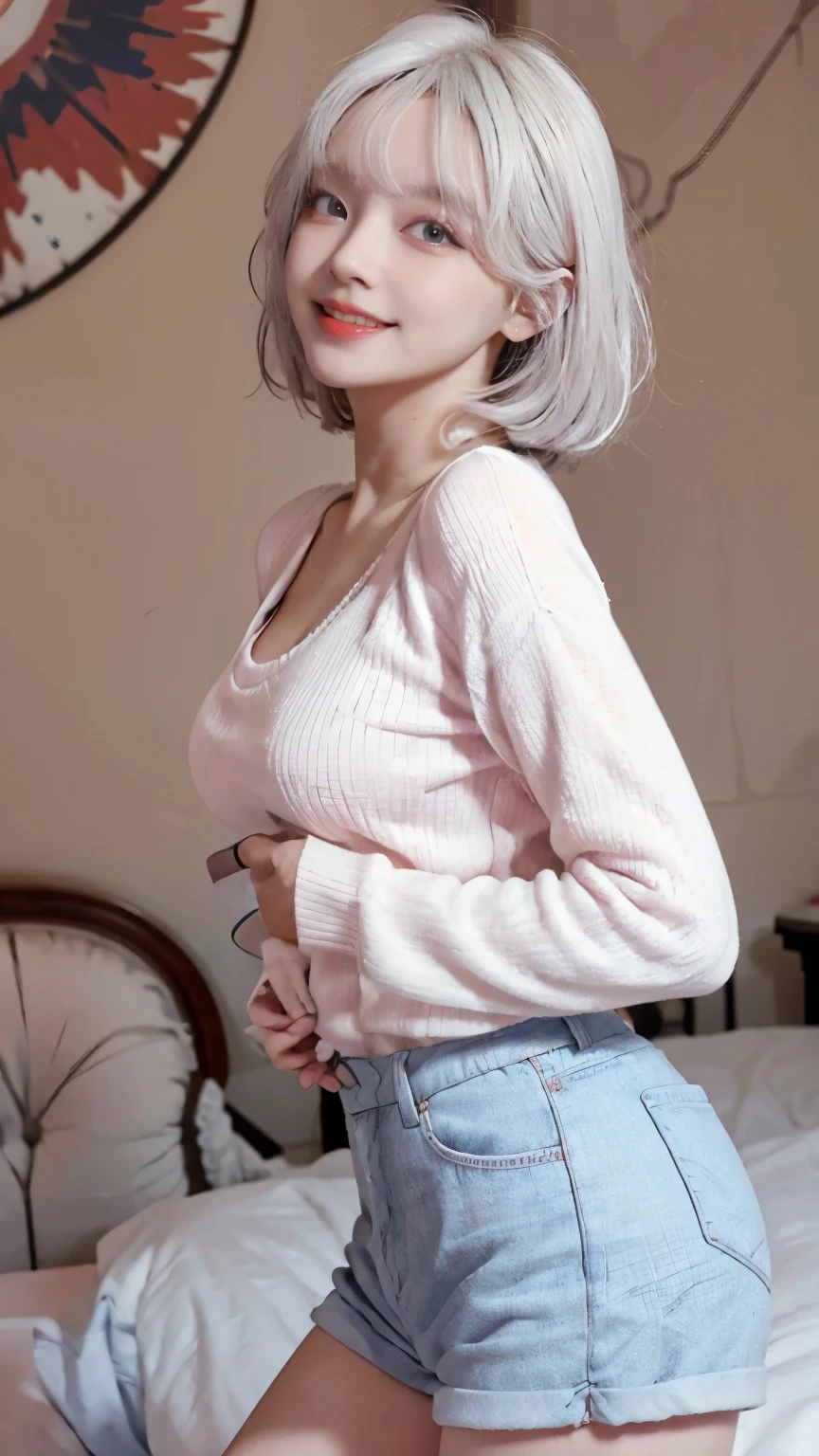 Highest image quality、Live shooting、ultra high resolution、21 year old Korean、small breasts、dynamic angle、cowboy shot、the most beautiful form chaos、elegant、brutalist design、vivid colors、beautiful white hair、short bob、smile、smile、shiny white skin、Beautiful eyes with random colors、Beautiful eyes in every detail、elongated eyes、thin lips、pale pink blush、long eyelashes、beautiful double eyelids、eye shadow、bright room、fluffy sweater、hot pants、shot from the side、sexy pose