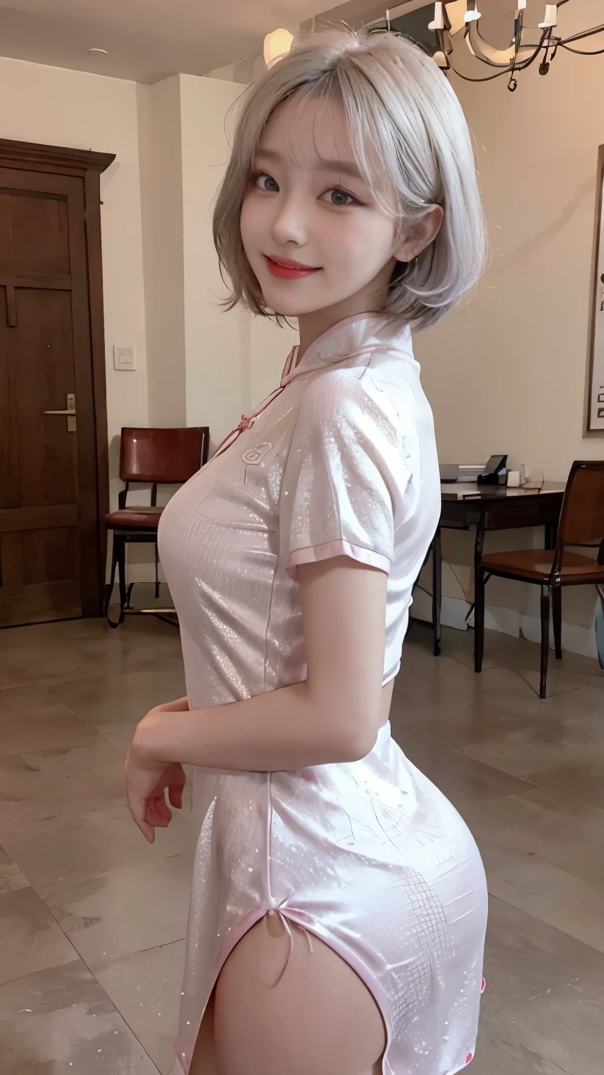 Highest image quality、Live shooting、ultra high resolution、21 year old Korean、small breasts、dynamic angle、cowboy shot、the most beautiful form chaos、elegant、brutalist design、vivid colors、beautiful white hair、short bob、smile、smile、shiny white skin、Beautiful eyes with random colors、Beautiful eyes in every detail、elongated eyes、thin lips、pale pink blush、long eyelashes、beautiful double eyelids、eye shadow、bright room、cheongsam clothing、cosplay、shot from the side、sexy pose