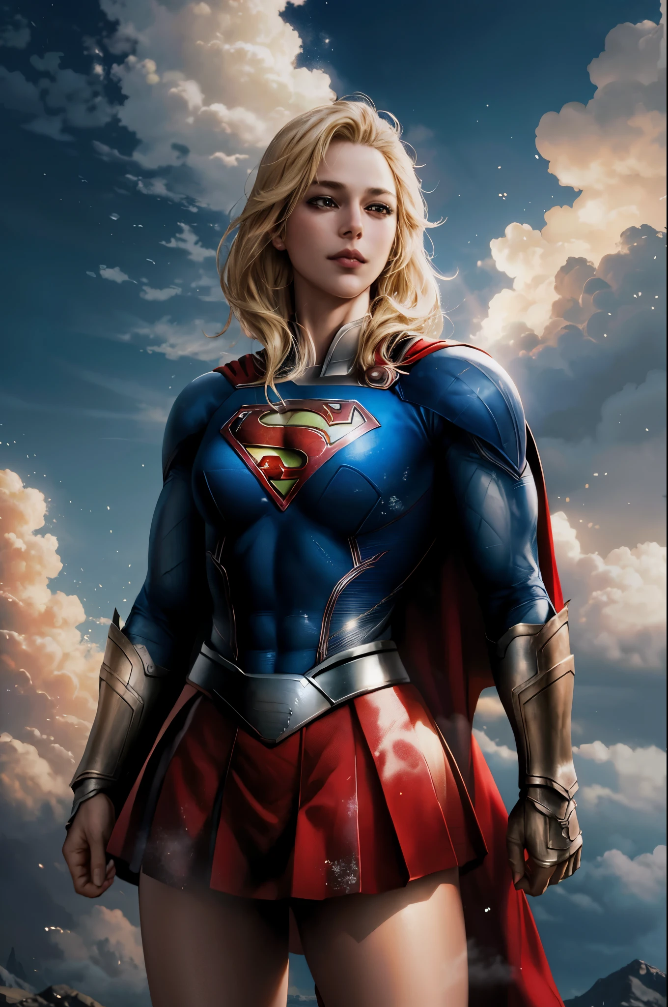 nijistyle, cowboy shot of supergirl, blonde hair, cape, particles, clouds, sky 