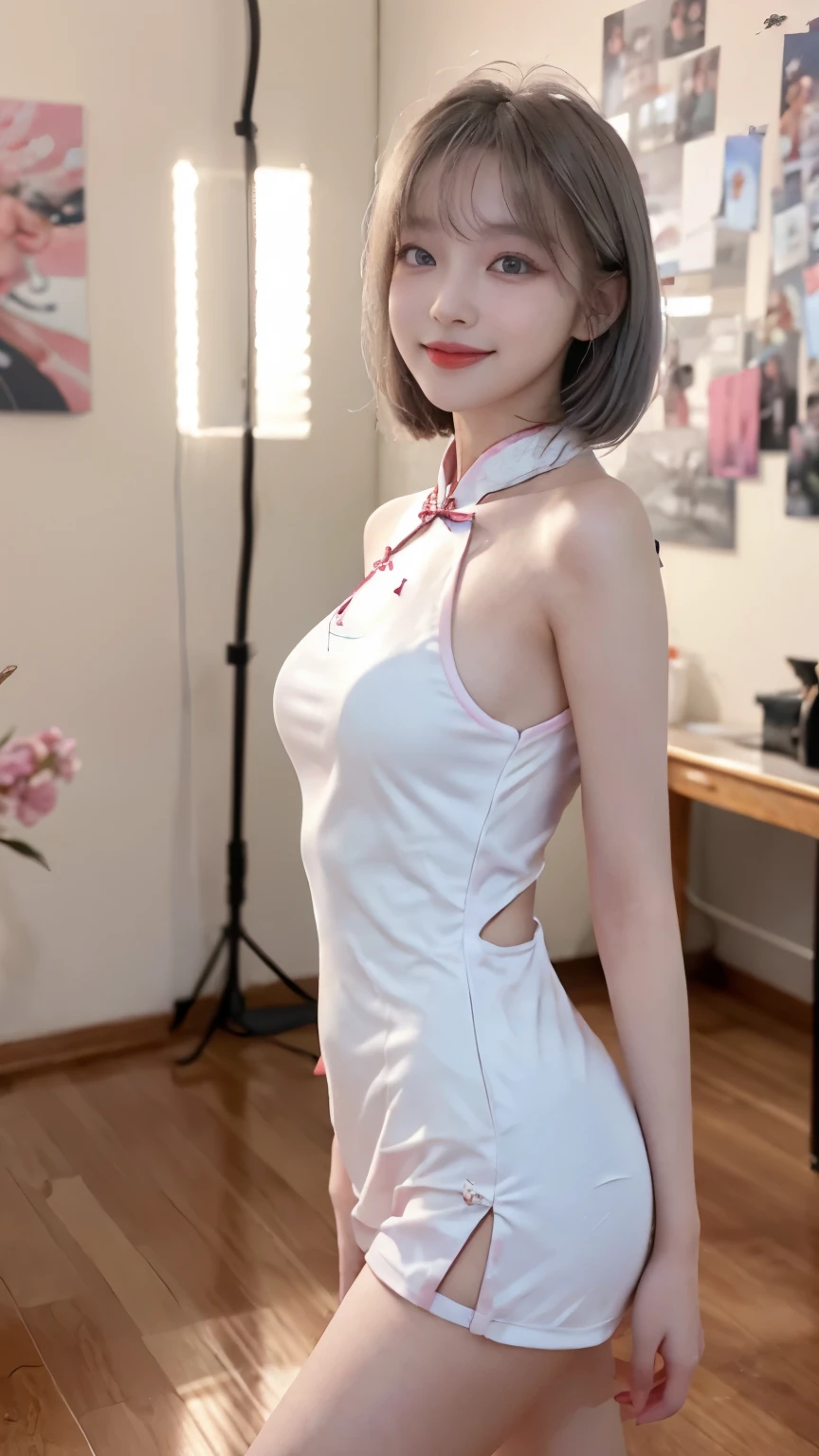 Highest image quality、Live shooting、ultra high resolution、21 year old Korean、small breasts、dynamic angle、cowboy shot、the most beautiful form chaos、elegant、brutalist design、vivid colors、beautiful white hair、short bob、smile、smile、shiny white skin、Beautiful eyes with random colors、Beautiful eyes in every detail、elongated eyes、thin lips、pale pink blush、long eyelashes、beautiful double eyelids、eye shadow、bright room、cheongsam clothing、cosplay、shot from the side、sexy pose