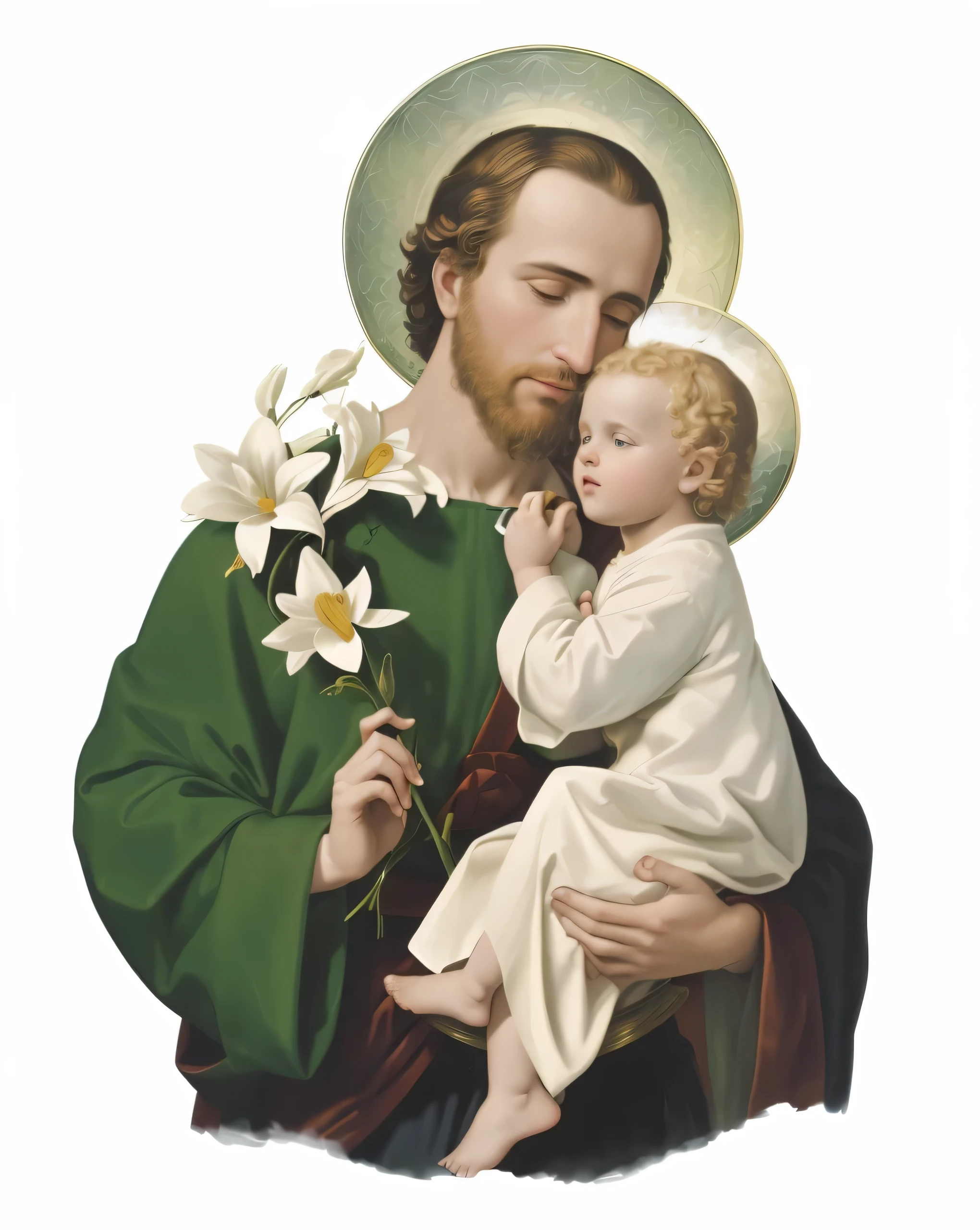 arafed image of a man holding a  and a flower, with infant jesus, rendered, highly rendered, digitally painted, father with chilly, catholic religious art, full device, digital rendering, artist unknown, by Juan O'Gorman, holy imagery, orthodox saint christopher, artists rendition, religious masterpiece portrait, full color illustration, jesus