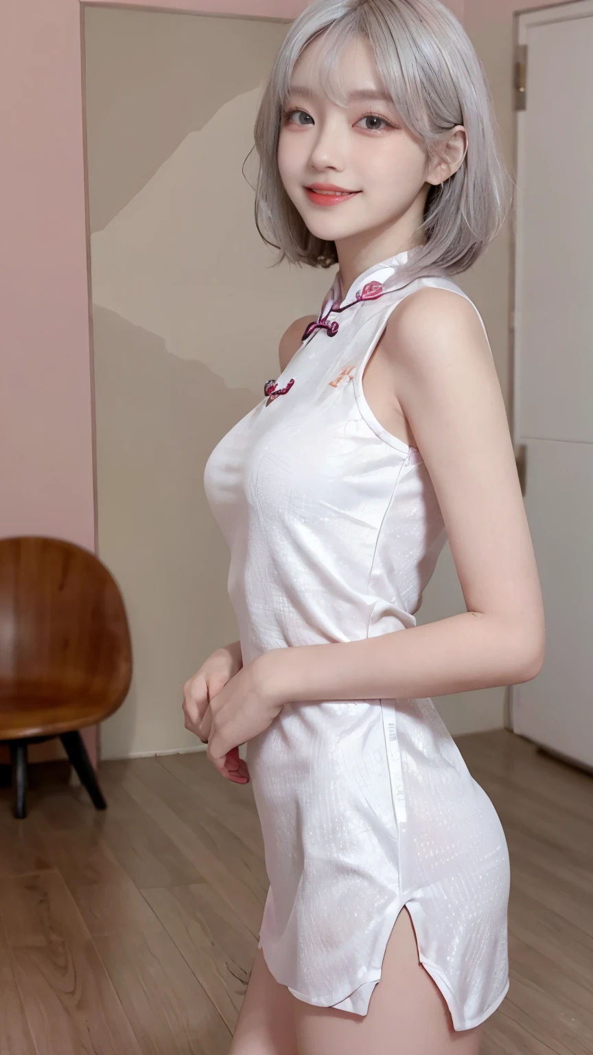 Highest image quality、Live shooting、ultra high resolution、21 year old Korean、small breasts、dynamic angle、cowboy shot、the most beautiful form chaos、elegant、brutalist design、vivid colors、beautiful white hair、short bob、smile、smile、shiny white skin、Beautiful eyes with random colors、Beautiful eyes in every detail、elongated eyes、thin lips、pale pink blush、long eyelashes、beautiful double eyelids、eye shadow、bright room、cheongsam clothing、cosplay、shot from the side、sexy pose