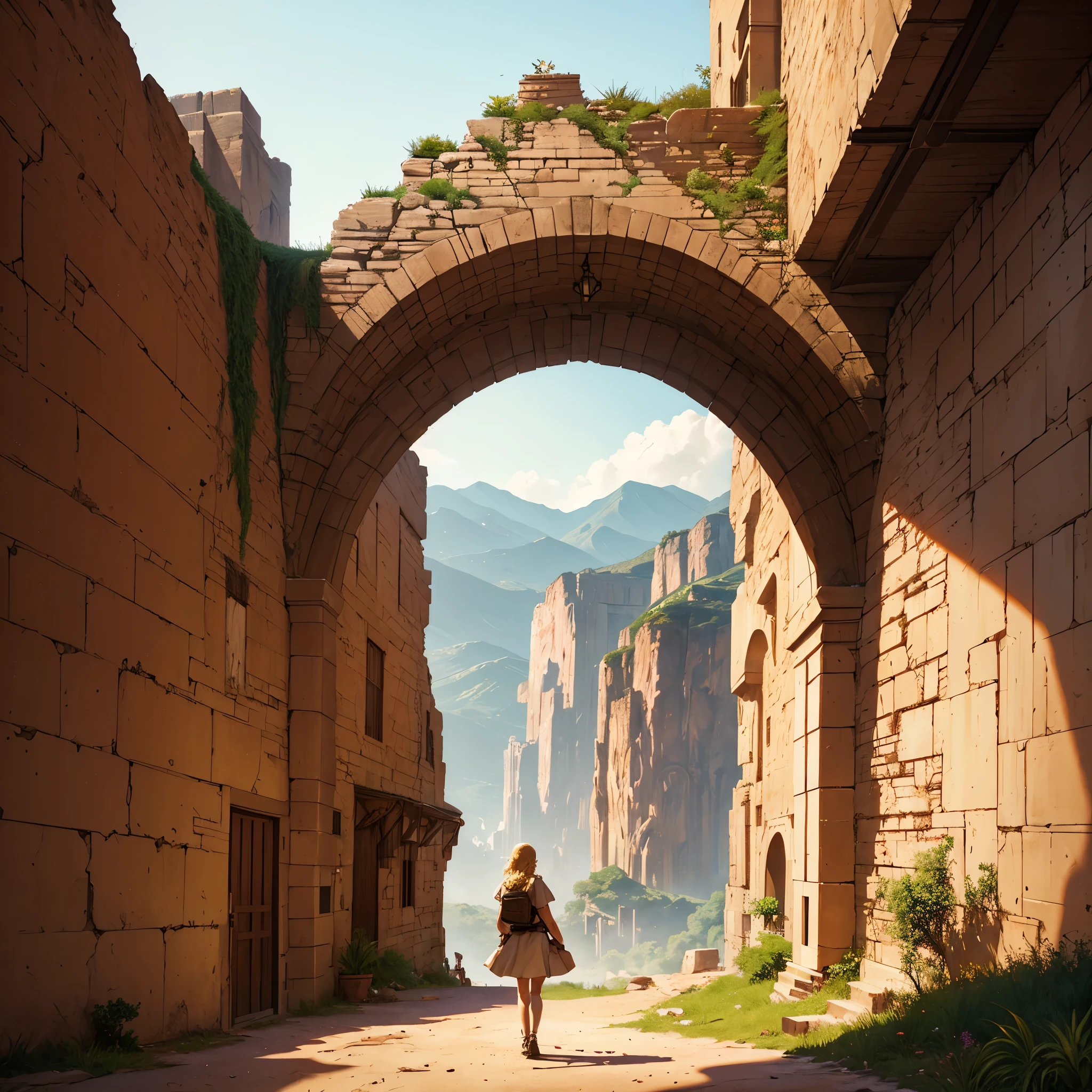 One young female blonde fourteen years old teenager, beautiful, adventuress, tired, focused, walking, wandering toward city in the mountains, hot weather, hot atmosphere, daylight, journey, medieval fantasy setting, arid environment, beige and red rocks, brutalist architecture, large scale, wide shot