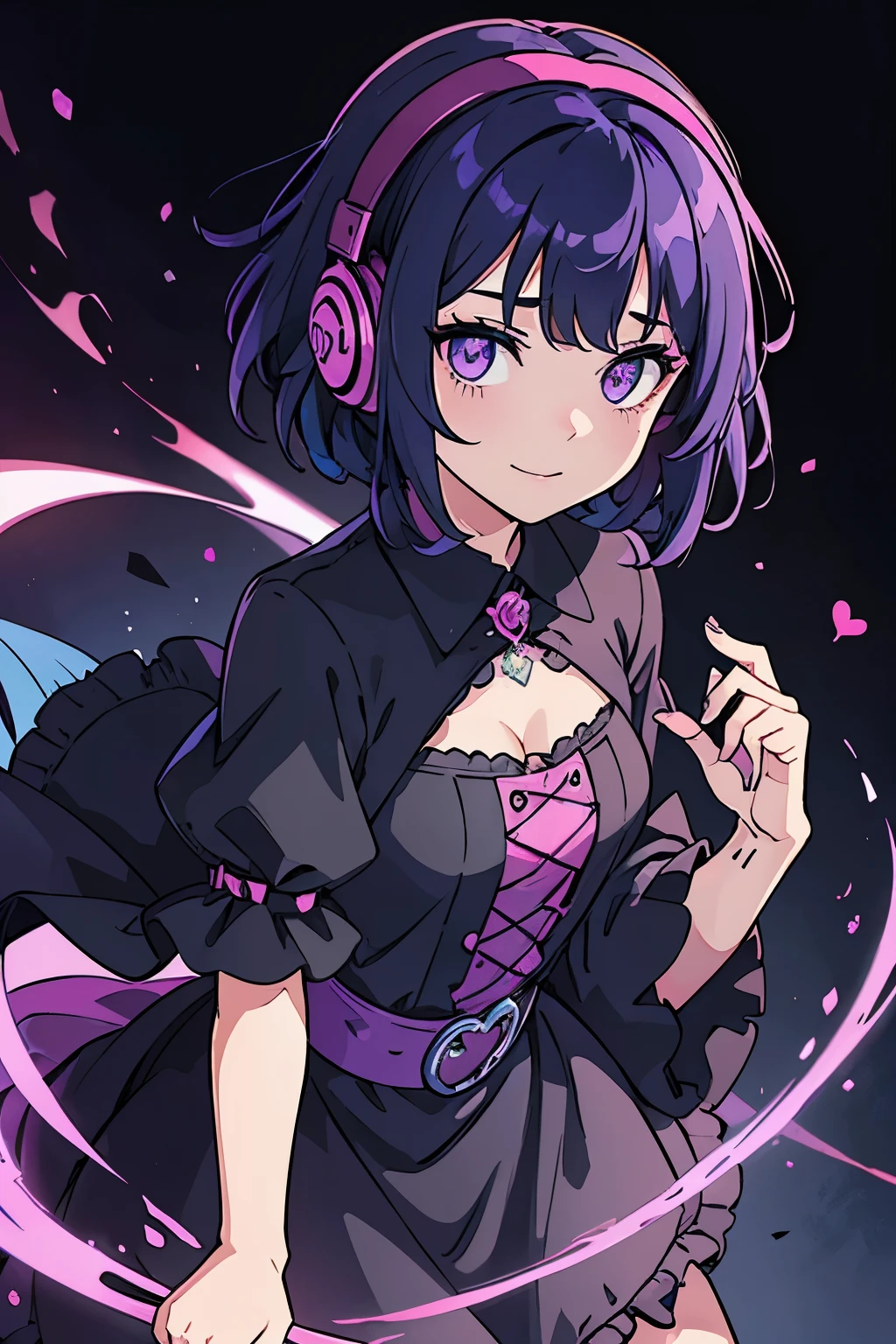 woman wearing a pink dress, using headphones, playing in PC ,wearing a gothic dress, black and pink dress, 20s goth girl, witch clothes, goth outfit, in a dress, goth girl, mall goth, wearing pink floral chiton, wearing a pink dress, wearing modern gothic clothes, pink and black, outfit photo, short hair, black hair with blue tips, hair with blue tips, nose piercing, (( NO BACKGROUND )), (( purple light )), happy expression, heart pupils, left angle, waist up