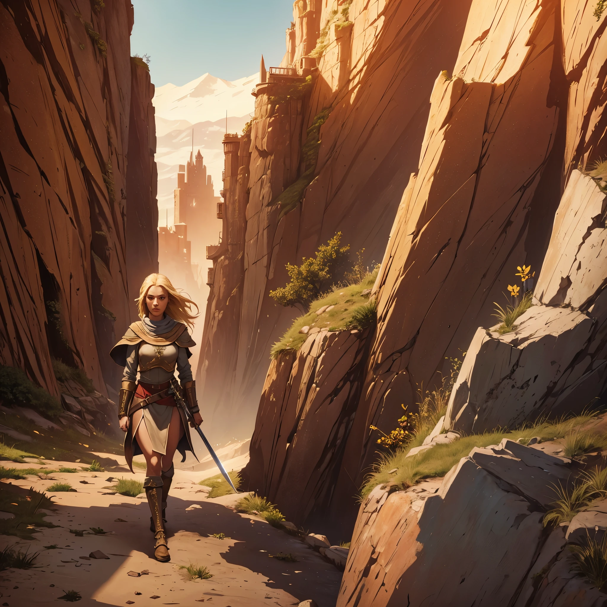 One young female blonde ager, medieval smfanrasy setting, adventuress, female warrior, tired, focused, sword, walking, wandering toward city in the mountains, hot weather, hot atmosphere, daylight, journey, arid environment, beige and red rocks, brutalist architecture