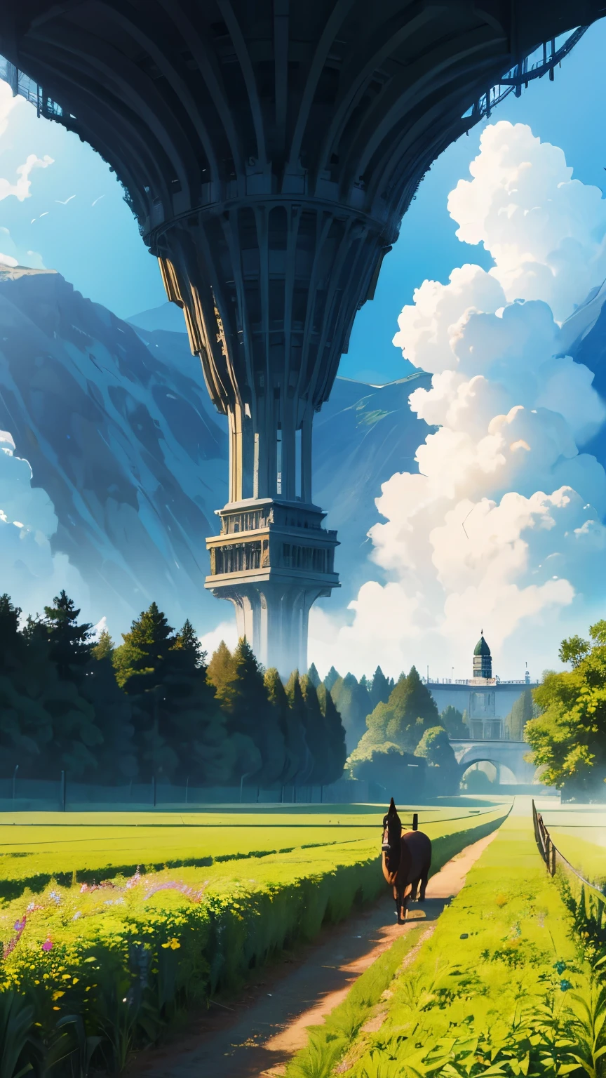 A green plantation with a fence at the end, a forest on the left side and a black and white horse running in the background. fantasy art