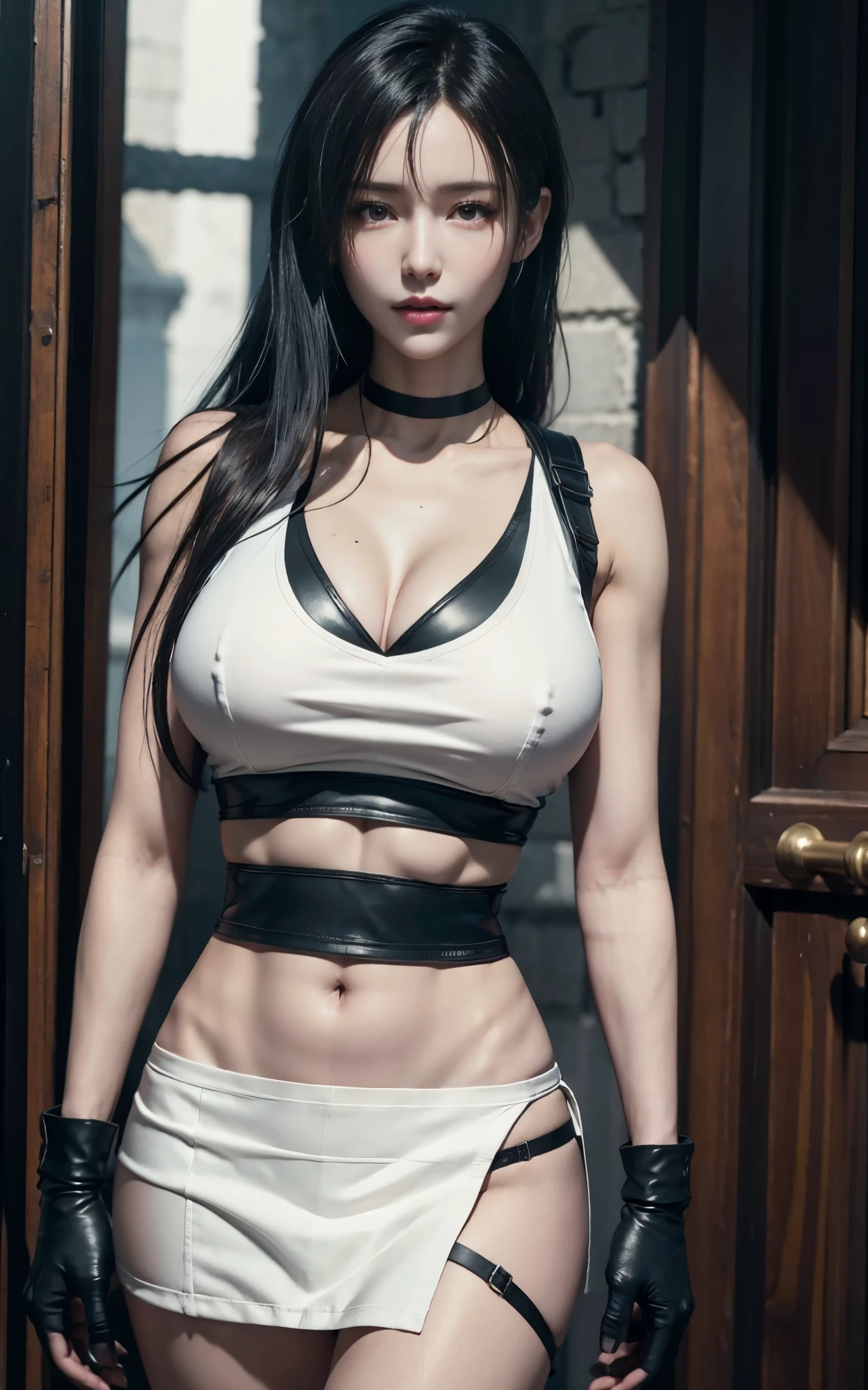 （（Unreal Engine 5 photorealistic renderer）），Best quality at best，tmasterpiece，A high resolution，The top body is surreal muscular and super largest_Breasts！！With _The type of melons，The lower ones are huge hips，（（（Tifa Lockhart）））），choker necklace，（beauitful face），looking at viewert，are standing，（（A half body）），（（Gilet blanc）），（（revealing white panties））（（Black leather skirt）），Armor arm，Glove hands，The right arm hangs down，Placed at the Seven Heavens Bar，