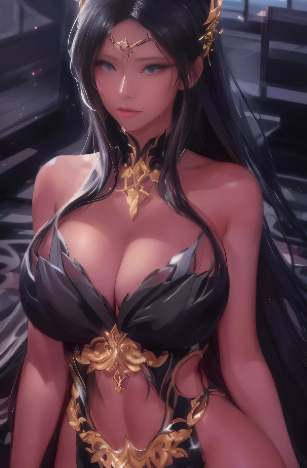 a woman in a black dress with a gold chain around her neck, anime goddess, beautiful alluring anime woman, seductive anime girl, ((a beautiful fantasy empress)), a beautiful fantasy empress, by Yang J, beautiful anime woman, anime girl wearing a black dress, 8k high quality detailed art, detailed digital anime art, full body xianxia