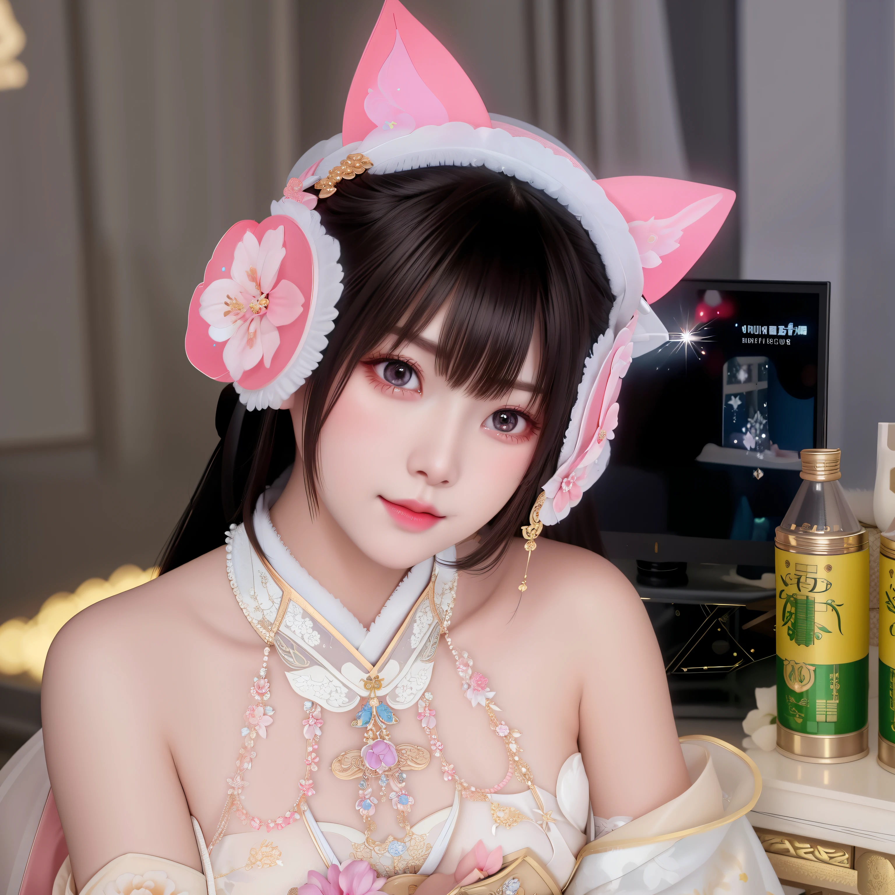 best quality, masterpiece, highres, 1girl,blush,(seductive smile:0.8),star-shaped pupils,sexy china hanfu, princess, very luxury, hair ornament,necklace, jewelry,Beautiful face,upon_body, tyndall effect,photorealistic, dark studio, rim lighting, two tone lighting,(high detailed skin:1.2), 8k uhd, dslr, soft lighting, high quality, volumetric lighting, candid, Photograph, high resolution, 4k, 8k, Bokeh