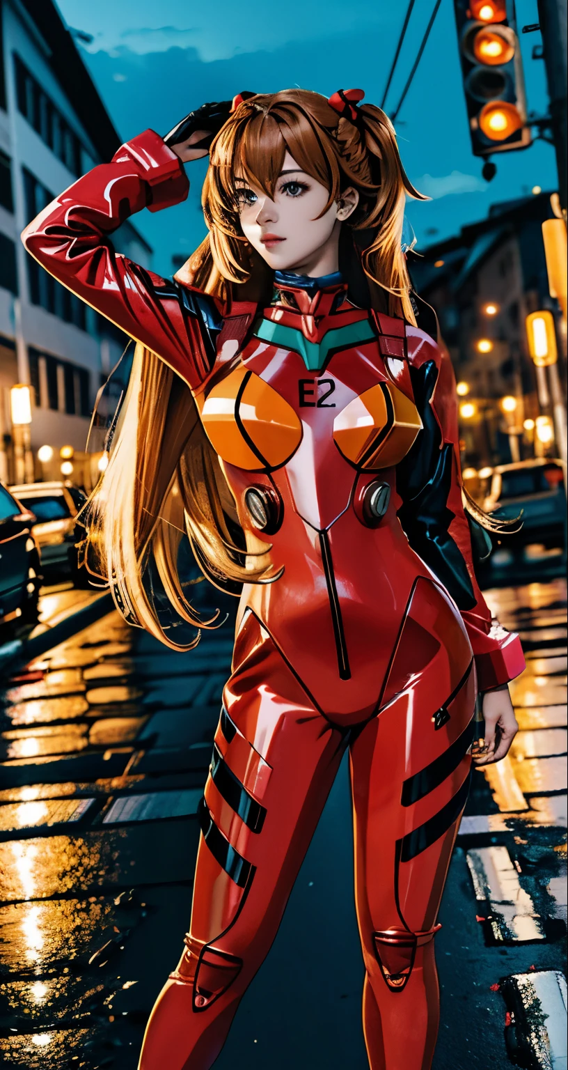 melhor qualidade, obra de arte, realista, photorealista, 1 garota, Sozinho, olhando para o espectador, corpo todo, standing, Cabelo longo, asuka Cosplay costume, Cosplay, Plugsuit, May, enfeite de cabelo, fundo detalhado, na rua, noite, Luz, chuva, 