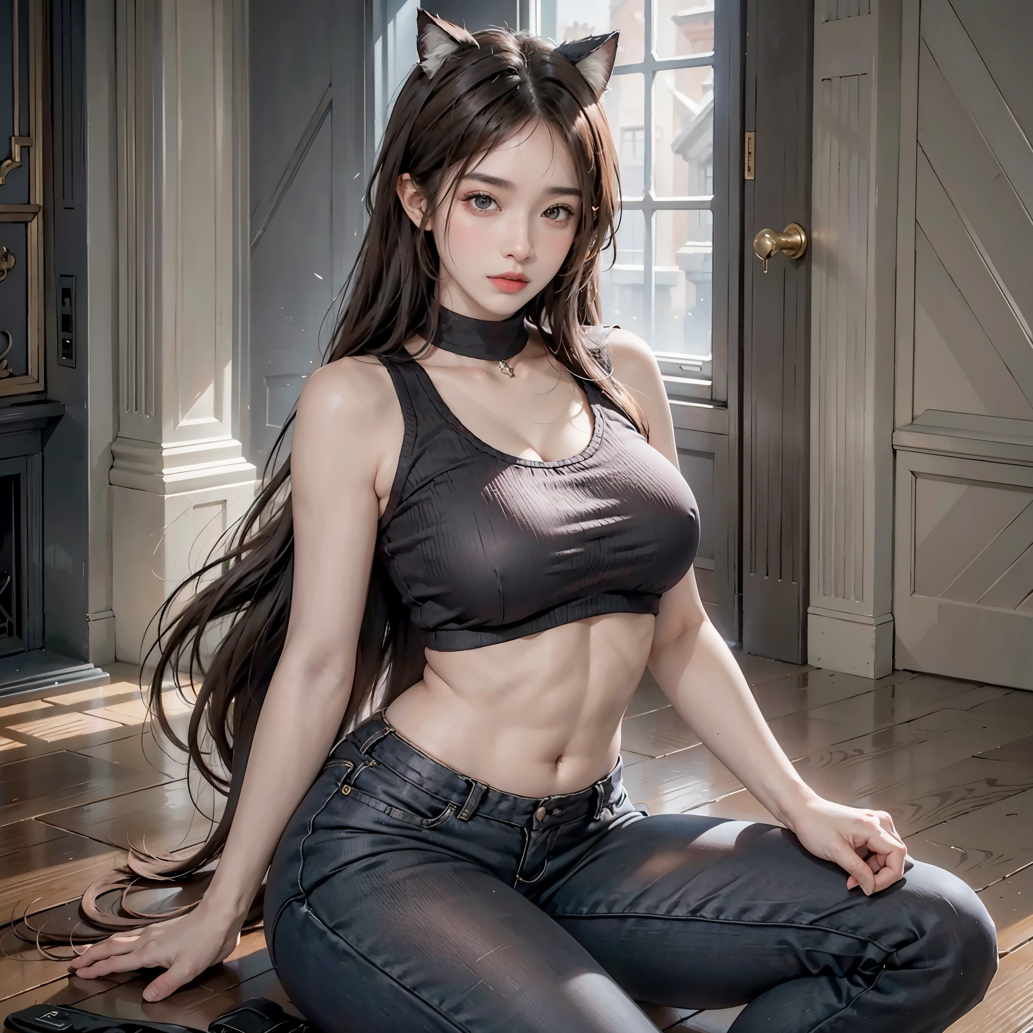 Mujer musculosa, Athletic woman, wolf girl, Adulto joven, Abs, pecho grande, brazos musculosos, piernas musculosas, Pantalones de yoga negros ajustados, camiseta blanca ajustada, ojos amarillos, Orejas de lobo, Cola de lobo, botas marrones, type would be, Abs, Cola de lobo larga, 8k, boca cerrada, Thicc, muslos enormes, detailed muscles, baroque interior