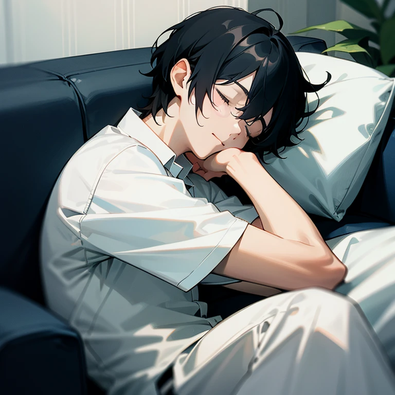 Sleep on the sofa,White shirt with loose collar,Sleeping face with a relaxed expression,Boy with lax defense,Black color hair