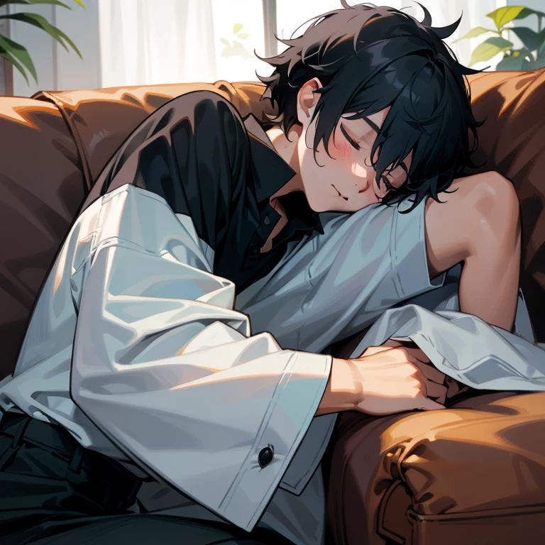Sleep on the sofa,White shirt with loose collar,Sleeping face with a relaxed expression,Boy with lax defense,Black color hair