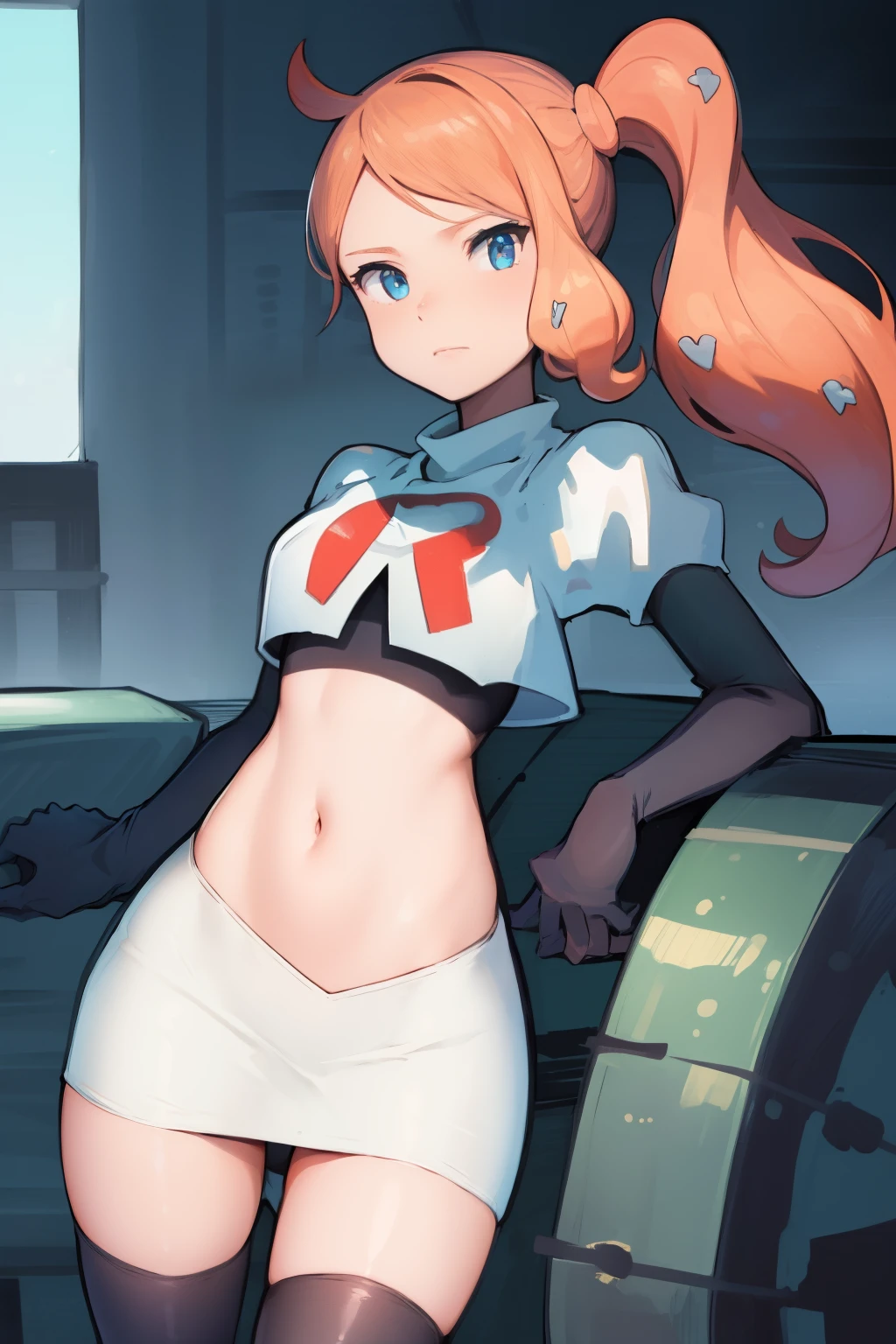 (masterpiece, best quality:1.2), cowboy shot, solo, 1girl, sonia, looking at viewer, side ponytail, heart hair ornament, team rocket,team rocket uniform,white skirt,crop top,black thigh-highs,black elbow gloves