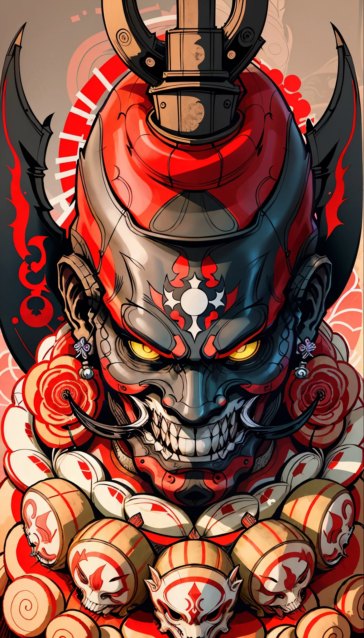 Portrait mask, illustrator, masterpiece, high quality, 8k, high resolution, high detail, japan, (Prawaka: 1.2), horror, evil, smile, front, close-up, looking at the viewer