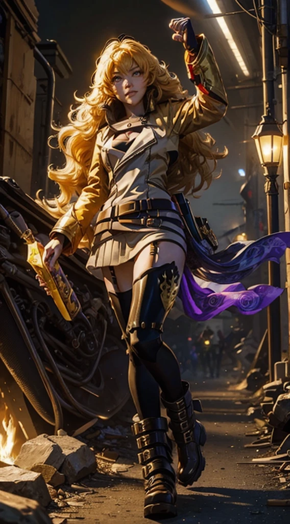 masterpiece,best quality,CG,wallpaper,HDR,high quality,high-definition,extremely detailed,(1girl), Yang Xiao Long, red eyes, absurdly long hair, large breasts, (yanghntr), jacket, thighhighs, garter straps, ahoge, belt, boots, black skirt, night, smile, gauntlets, ((glowing eyes)), walking, purple