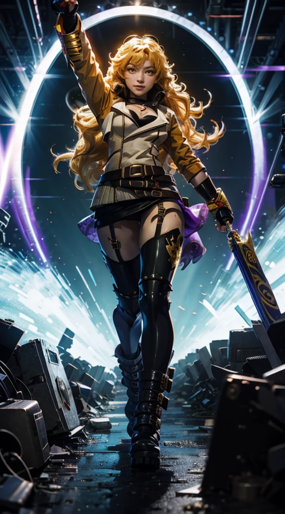 masterpiece,best quality,CG,wallpaper,HDR,high quality,high-definition,extremely detailed,(1girl), Yang Xiao Long, red eyes, absurdly long hair, large breasts, (yanghntr), jacket, thighhighs, garter straps, ahoge, belt, boots, black skirt, night, smile, gauntlets, ((glowing eyes)), walking, purple