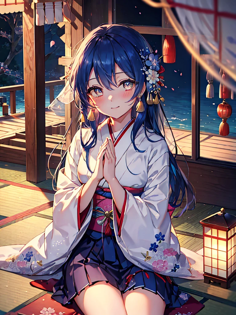 highest quality, masterpiece, High resolution, alone, {Sonoda_Ocean_lovelive:1.15}, blue hair，long hair，Wedding in a classic kimono of the Japan,Pure white kimono called pure white,日本の伝統的な着物でshrine挙式,tatami,long skirt,shrine,smile,blush,(masterpiece:1.2), highest quality, High resolution, unity 8k wallpaper, (shape:0.8), (beautiful and detailed eyes:1.6), highly detailed face,highly detailed eyes,highly detailed hands,Highly detailed feet, perfect lighting, Very detailed CG, (perfect hands, perfect anatomy),