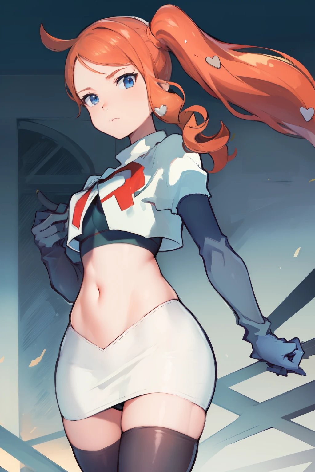 (masterpiece, best quality:1.2), cowboy shot, solo, 1girl, sonia, looking at viewer, side ponytail, heart hair ornament, team rocket,team rocket uniform,white skirt,crop top,black thigh-highs,black elbow gloves