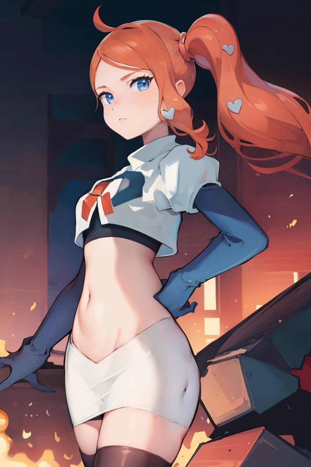 (masterpiece, best quality:1.2), cowboy shot, solo, 1girl, sonia, looking at viewer, side ponytail, heart hair ornament, team rocket,team rocket uniform,white skirt,crop top,black thigh-highs,black elbow gloves