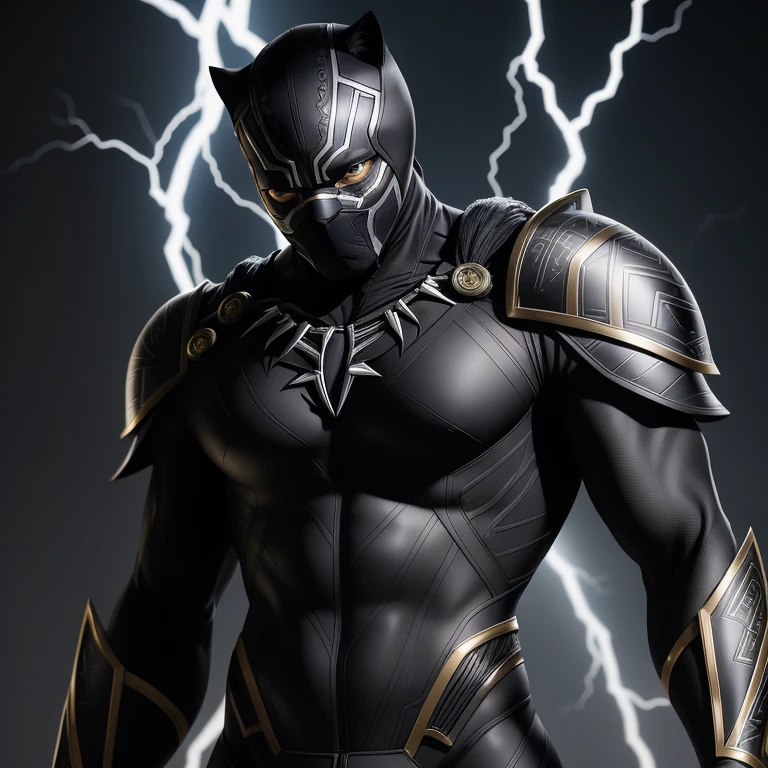 A captivating close-up portrait of the Black Panther in an astounding Kakashi suit, the regal feline figure donning the complex and intricate ninja attire. The suit's rich, glossy black upper body armor is adorned with silver details, resembling lightning bolts, while his muscular lower body is covered in form-fitting, stealthy black pants. His piercing golden eyes radiate intensity and wisdom, framed by expressive, bold white facial markings. The suit's signature headpiece sits meekly atop his head, securing the iconic visor in place. The scene is set against a dark, dramatic background, emphas