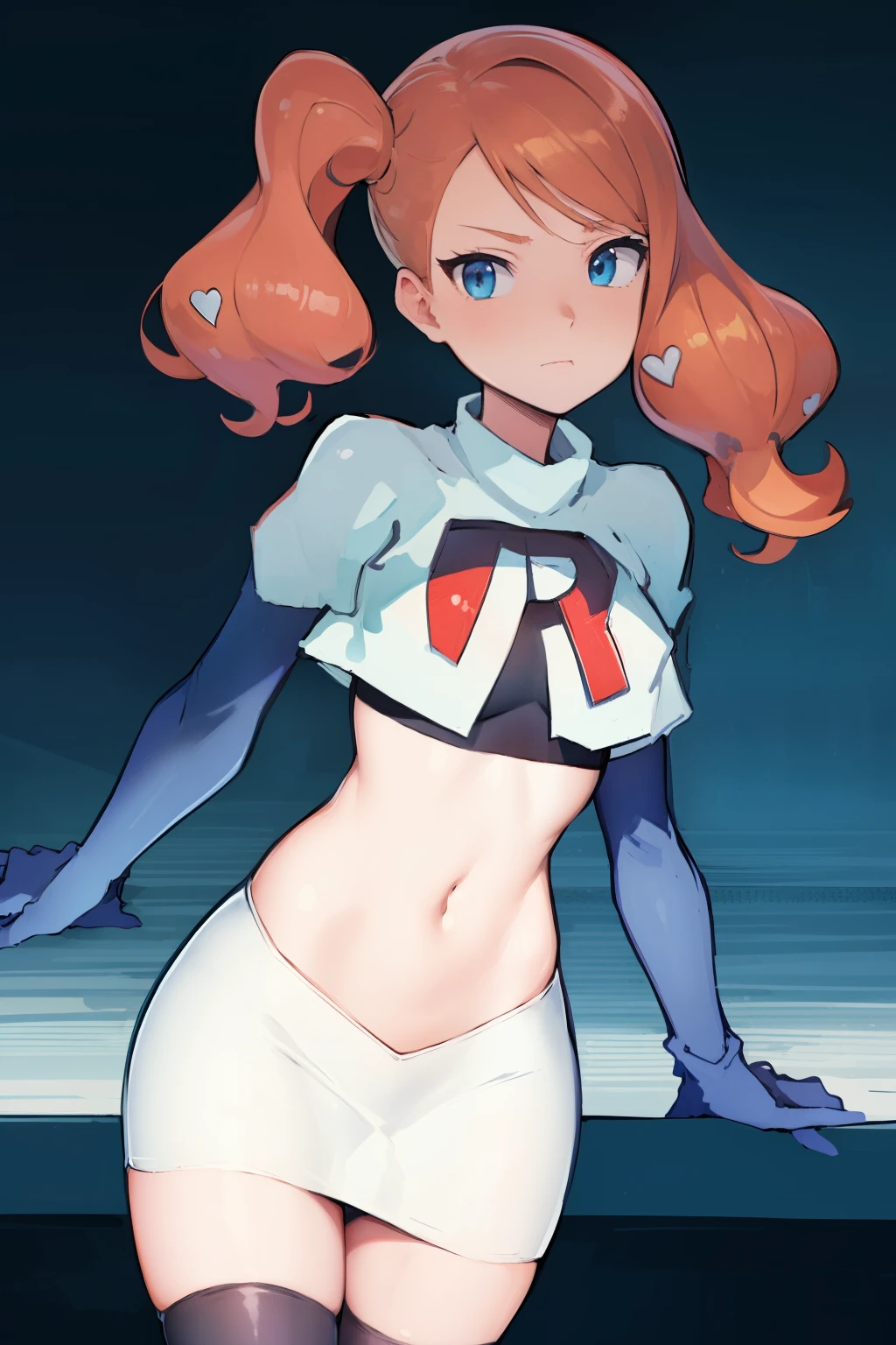 (masterpiece, best quality:1.2), cowboy shot, solo, 1girl, sonia, looking at viewer, side ponytail, heart hair ornament, team rocket,team rocket uniform,white skirt,crop top,black thigh-highs,black elbow gloves
