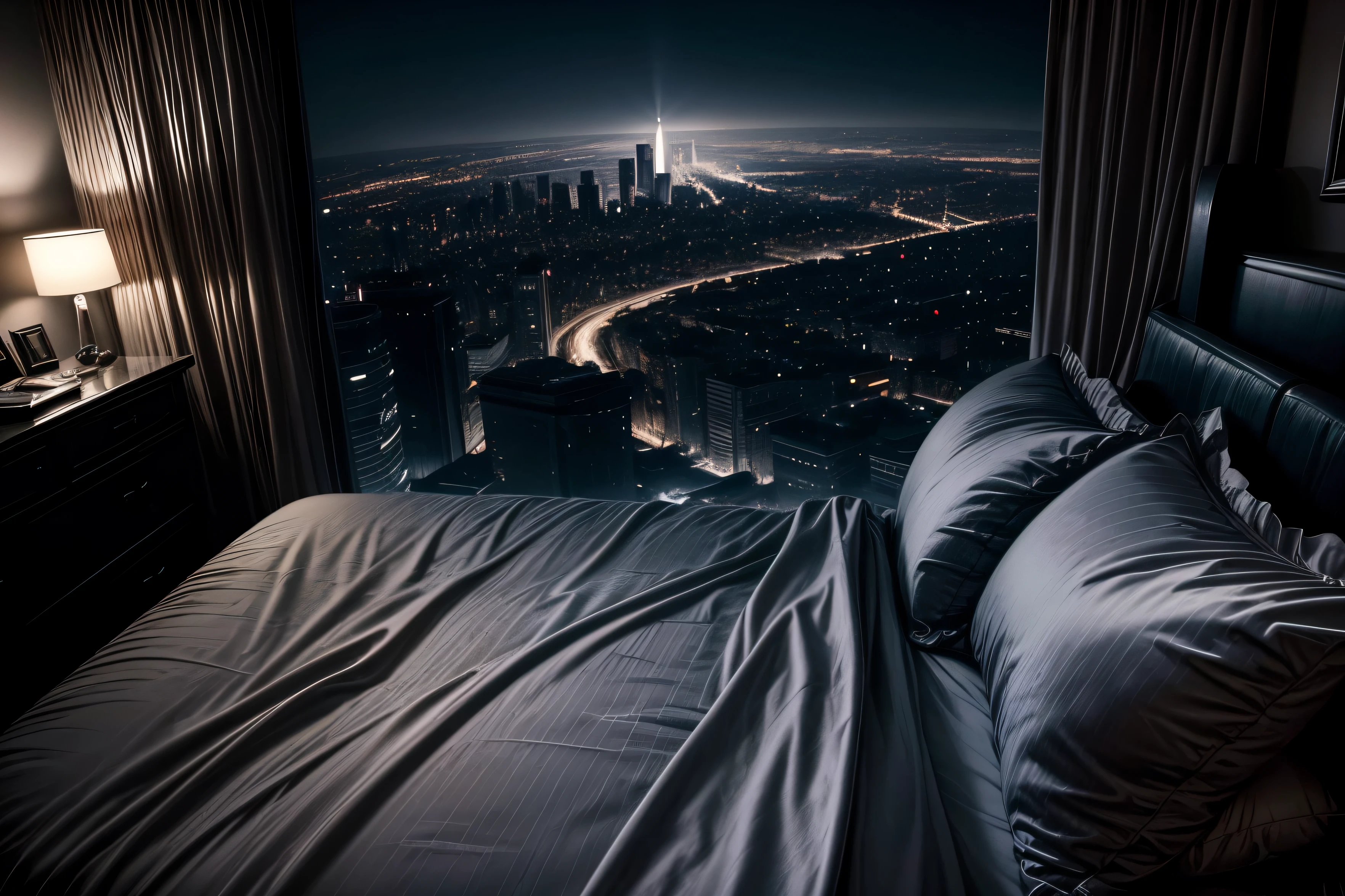 A cosy dark themed modern bedroom, luxury, high class, gray satin bed, amazing views, midnight, bed on the center, close up, Ariel view