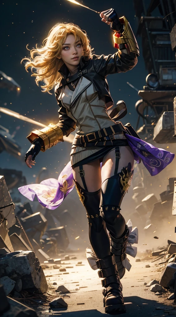 masterpiece,best quality,CG,wallpaper,HDR,high quality,high-definition,extremely detailed,(1girl), Yang Xiao Long, red eyes, absurdly long hair, large breasts, (yanghntr), jacket, thighhighs, garter straps, ahoge, belt, boots, black skirt, night, smile, gauntlets, ((glowing eyes)), walking, purple