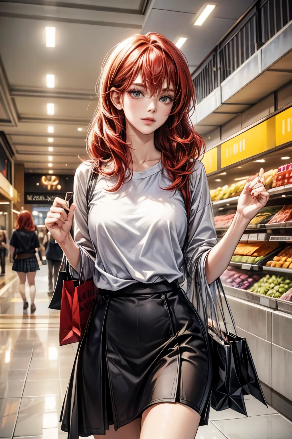chris, 25 years old, woman, Redhead shortcuts, Beauty, casual skirt style, Shopping at a shopping mall