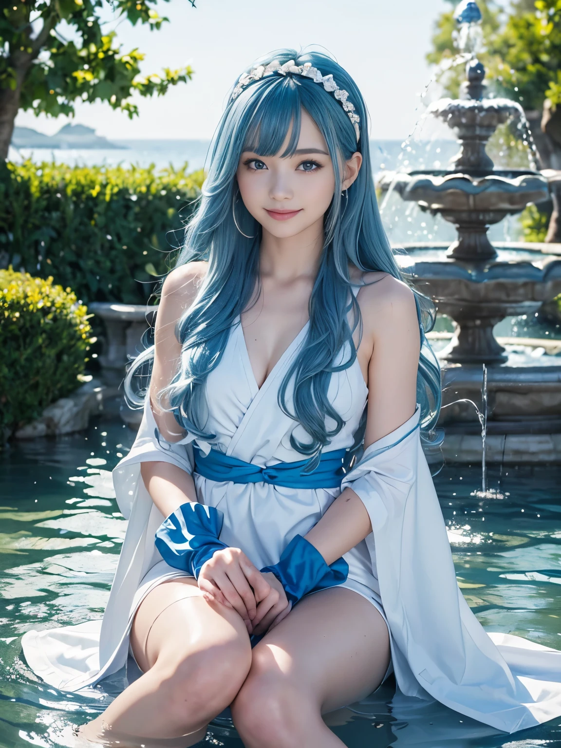 (masterpiece、8K、Super detailed、highest quality:1.5),((very cute)),best image quality,1 woman,Two-dimensional beauty,(long hair,sky blue hair,Sky blue eyes:1.3),(beautiful water world,Mystical Fountain,beautiful blue water:1.3),(She wears sea-colored and white robes all over her body.),(silver hair ornament:1.3),No sleeve,sitting on one&#39;s knees,smile,beautiful detailed hands