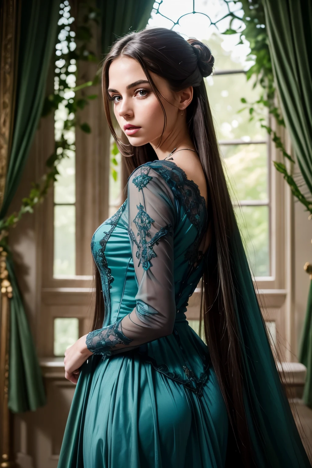 (RAW, Best quality, high resolution, Masterpiece: 1.5), A super beautiful girl, with a Victorian hair style, and super long, luscious green hair cascading down her back, framing her elegant face, and grey eyes that seem to hold an enchanting allure, and red lips that add a pop of color to her porcelain complexion, wearing a stunning Victorian blue dress that perfectly hugs her slender figure and flows gracefully around her, standing inside the grandiose and intricately decorated castle background, the emerald hue of her hair blending seamlessly with the surrounding foliage, the opulence of the castle illuminated by the soft,