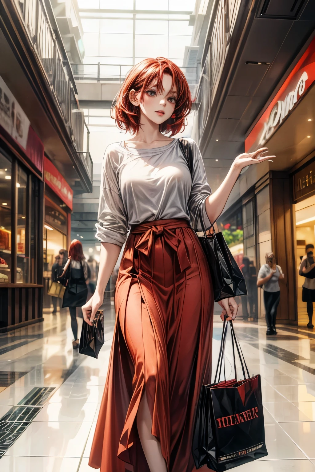 chris, 25 years old, woman, Redhead shortcuts, Beauty, casual maxi skirt style, Shopping at a shopping mall